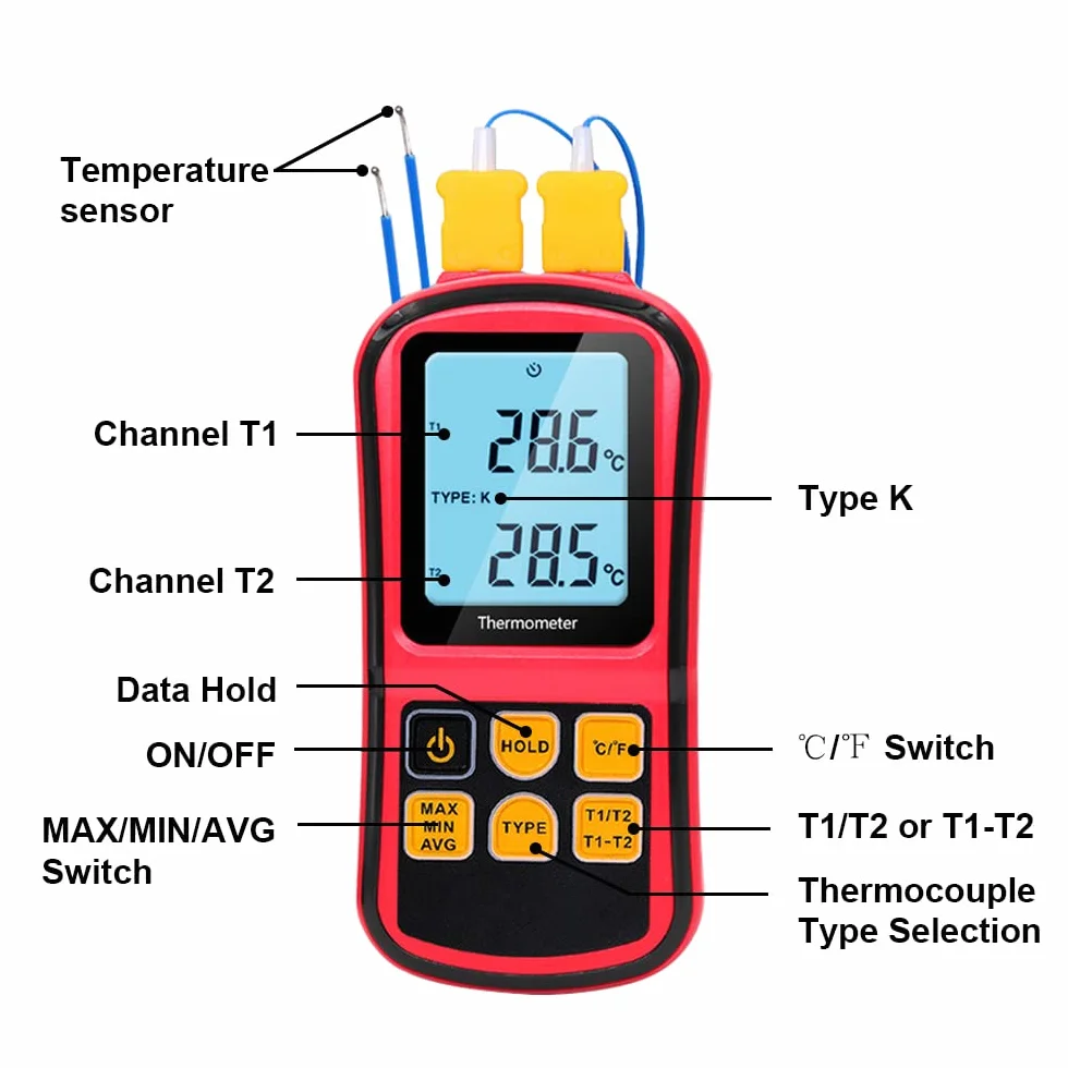Mengshen Cyfrowy termometr, 2-kanałowy czujnik termopary typu K, miernik temperatury dla typu K/J/T/E/R/N/S, od -200℃ do 1372℃ (-200°F do 340°F)