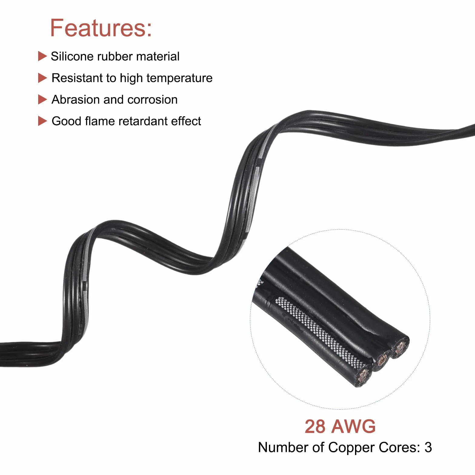 QUARKZMAN 28AWG Silikonowy kabel taśmowy, elastyczny 3-pinowy silikonowy płaski kabel 28, 3 m / 9,8ft pleciony czarny drut miedziany