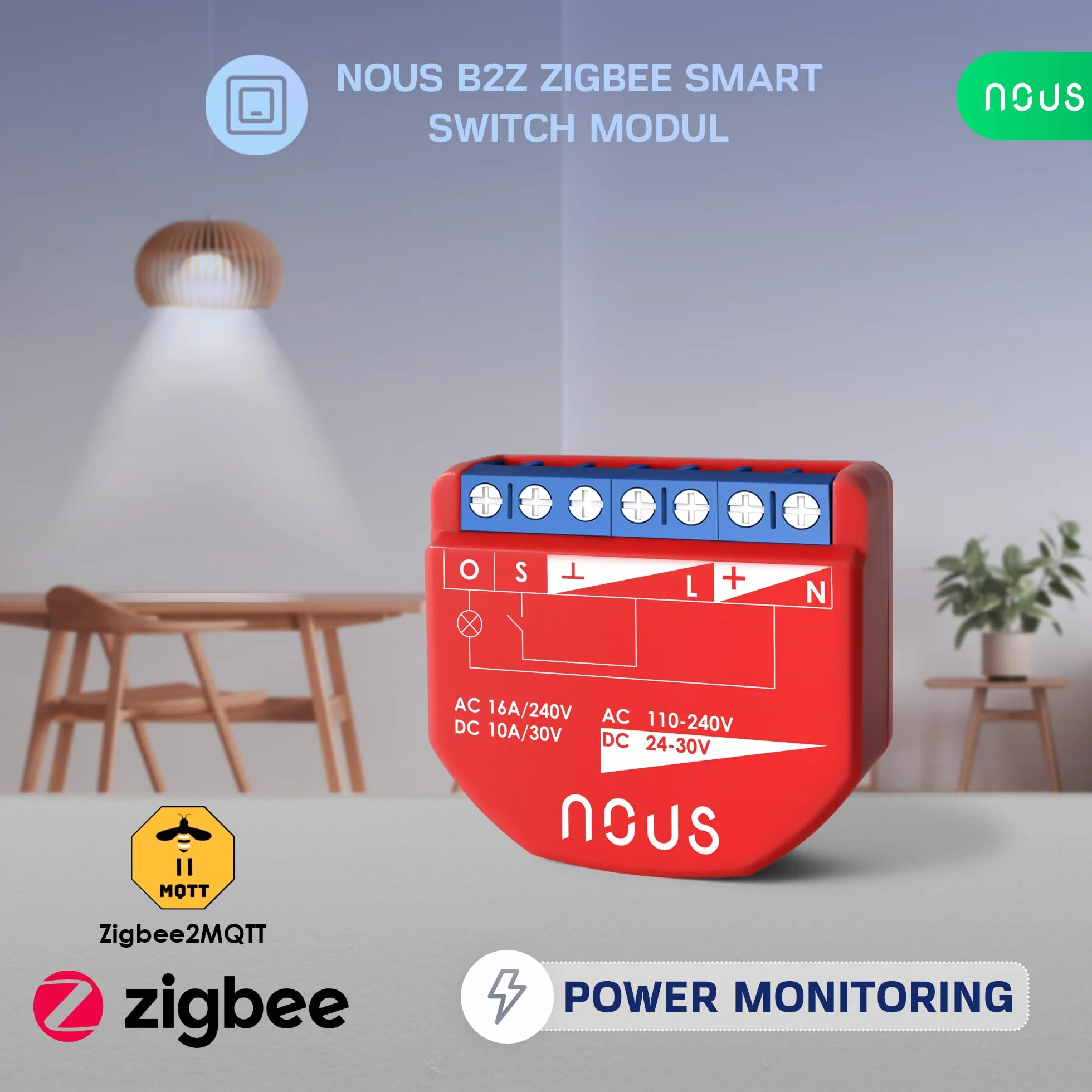 NOUS ZigBee Smart Switch moduły z pomiarem mocy, 1 kanał, AC 16 A/DC 10 A, suche styki, wymagany koncentrator 3.0, kompatybilny z Alexa, Zigbee2MQTT, Google Assistant, Home Assistant, Tuya