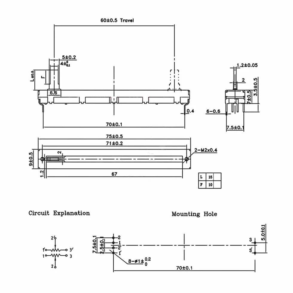 DollaTek 5 szt. 75 mm B103 10K omów potencjometr przesuwny podwójny liniowy 10K potencjometr elektroniczny