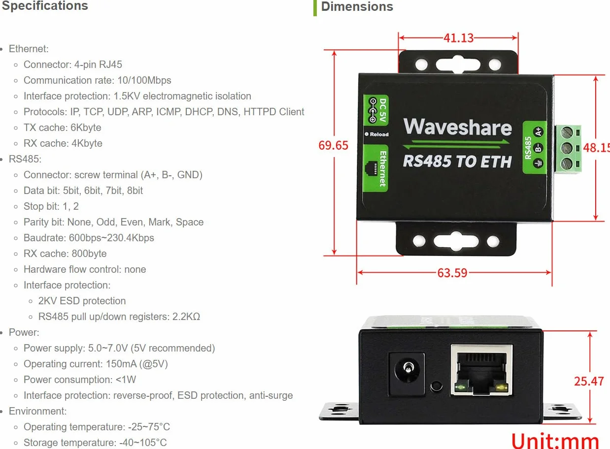 Waveshare RS485 to Ethernet Converter M0 Series 32-bit Arm Processor