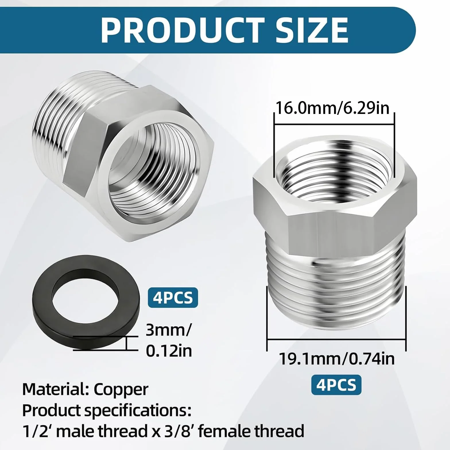 Złączka redukcyjna 1/2 do 3/8-4 sztuki adapter 1/2 do 3/8 cala, złączka gwintowana z 4 pierścieniami uszczelniającymi, zewnętrzne połączenia gwintowane wewnętrzne, złączka gwintowana mufa