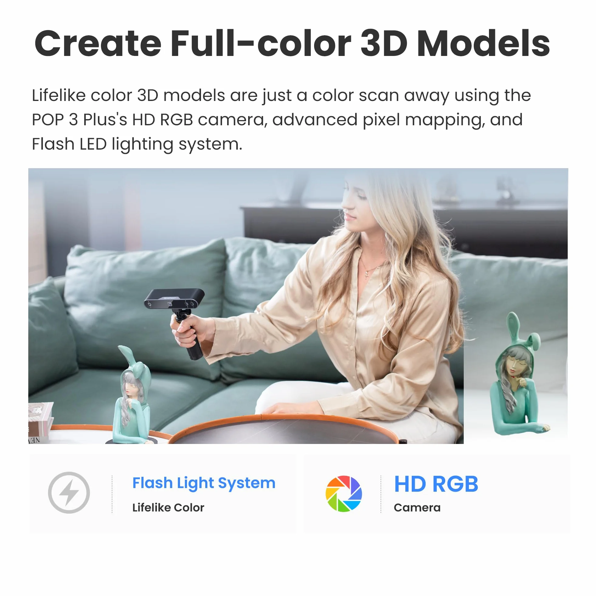 Revopoint POP 3 Plus 3D Scanner for 3D Printing, Portable 3D Model Scanner Up to 18FPS Scanning Speed with 0.04mm High Precision, Full-Color Scan for Medium Object, STANDARD
