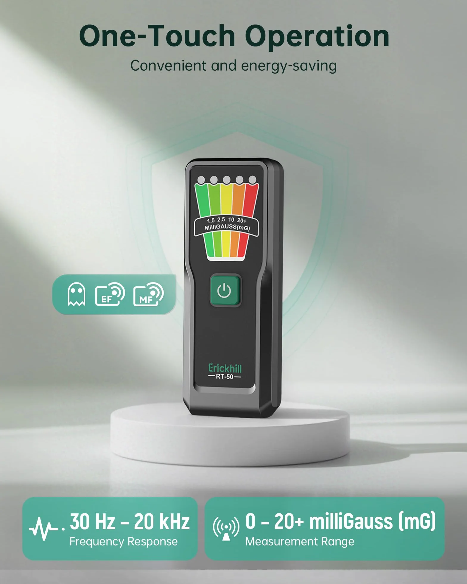 ERICKHILL Ręczny miernik EMF, detektor pola elektromagnetycznego 30Hz–20kHz, 5-stopniowe ostrzeżenia LED
