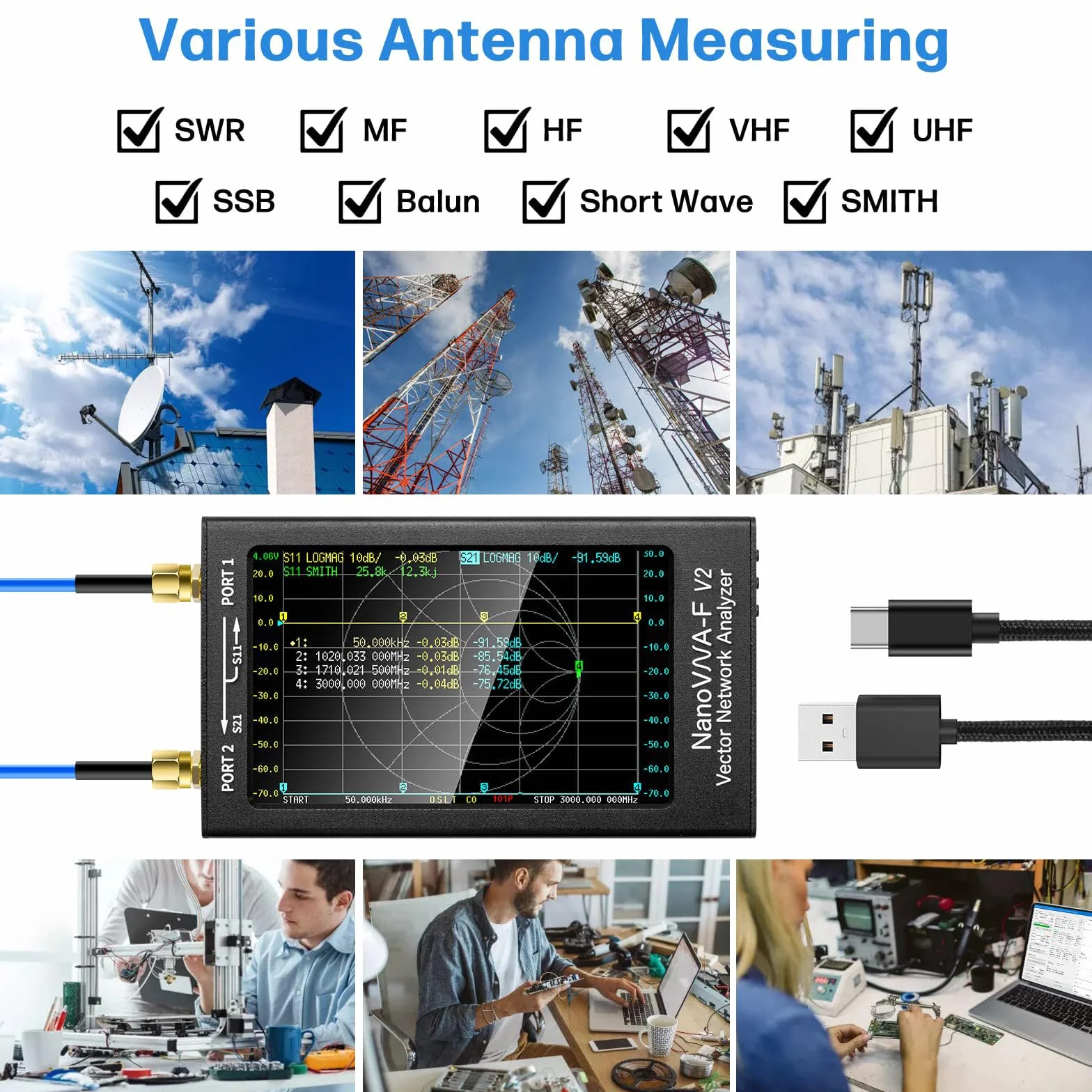 AURSINC NanoVNA-F V2 Vector Network Analyzer 4,3 cala 50KHz-3GHz HF VHF UHF VNA Analizator anten