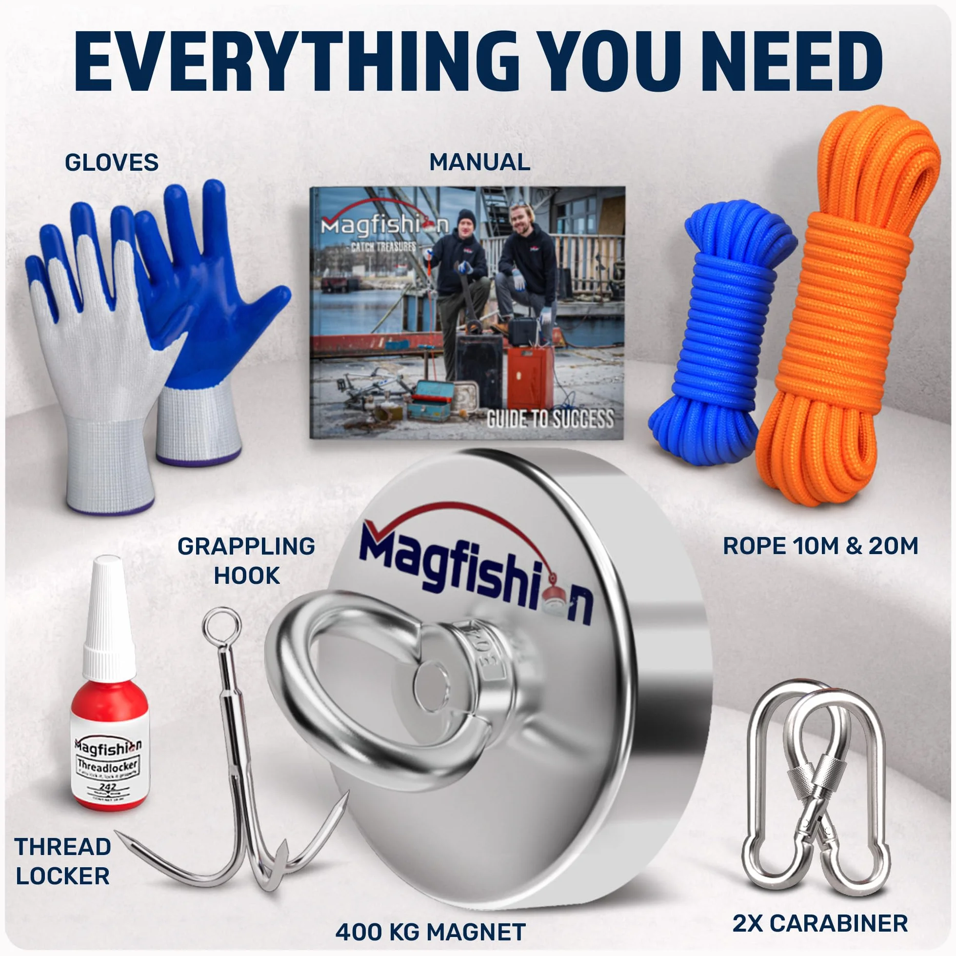 MAGFISHION Mega Zestaw Magnetycznego Wędkarstwa - Magnes Neodymowy 400KG Ø90mm z 2 Linami & Rękawice
