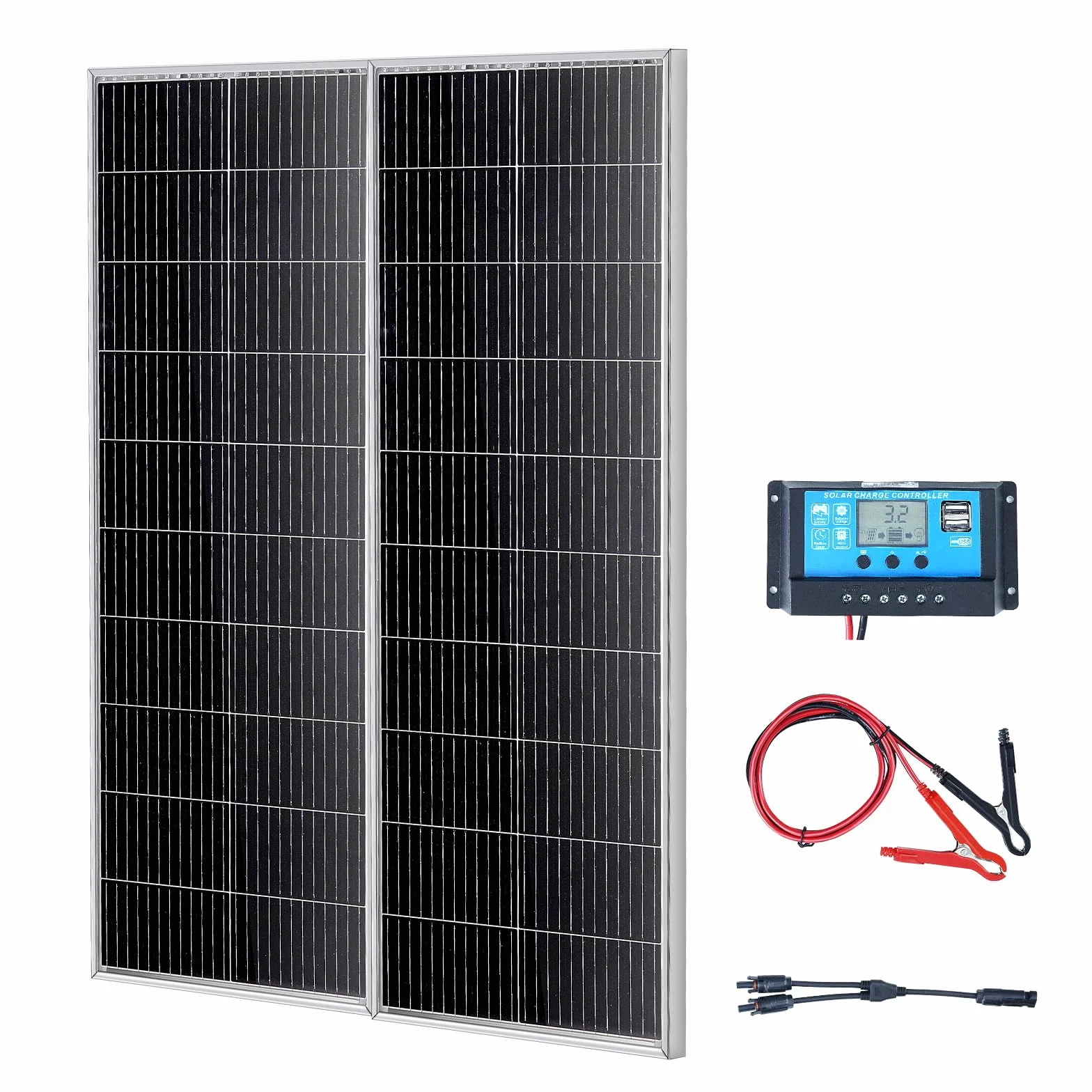 VEVOR Panel słoneczny 200 W, zestaw 2 sztuk, monokrystaliczny moduł solarny 12 V, regulator ładowania, instalacja solarna 16,66 A, współczynnik konwersji 23%, kompatybilny z bateriami AGM, żelowymi,