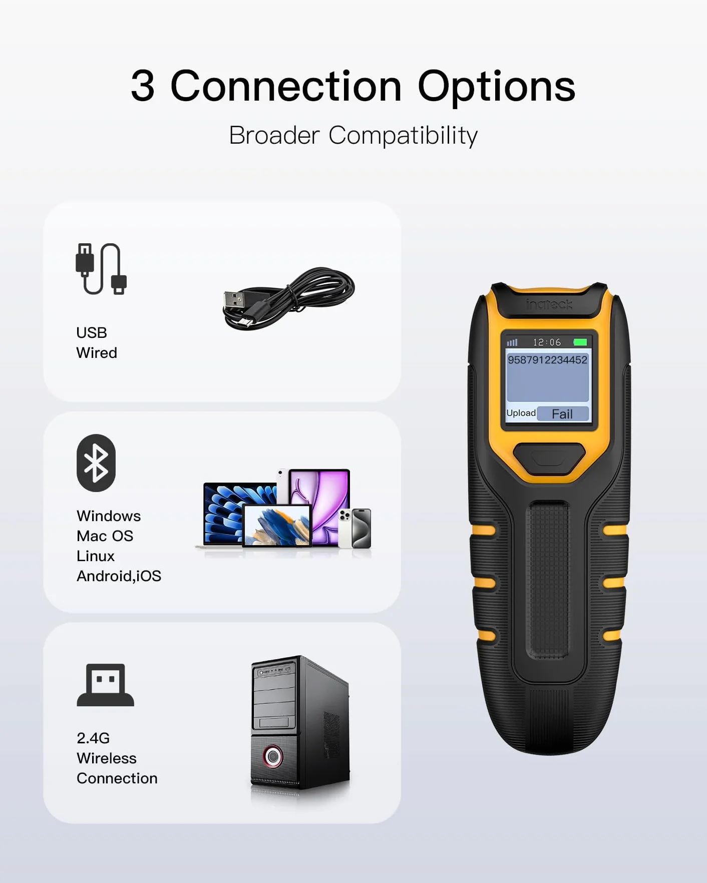 Inateck Bezprzewodowy Skaner Kodów Kreskowych Bluetooth 1D 2D QR BCST-47