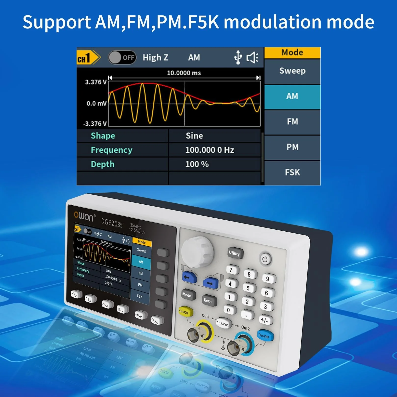OWON DGE2035 przenośny generator dowolnej fali 35 MHz 125 MSa/s 14-bitowy wyświetlacz LCD 3,6 cala