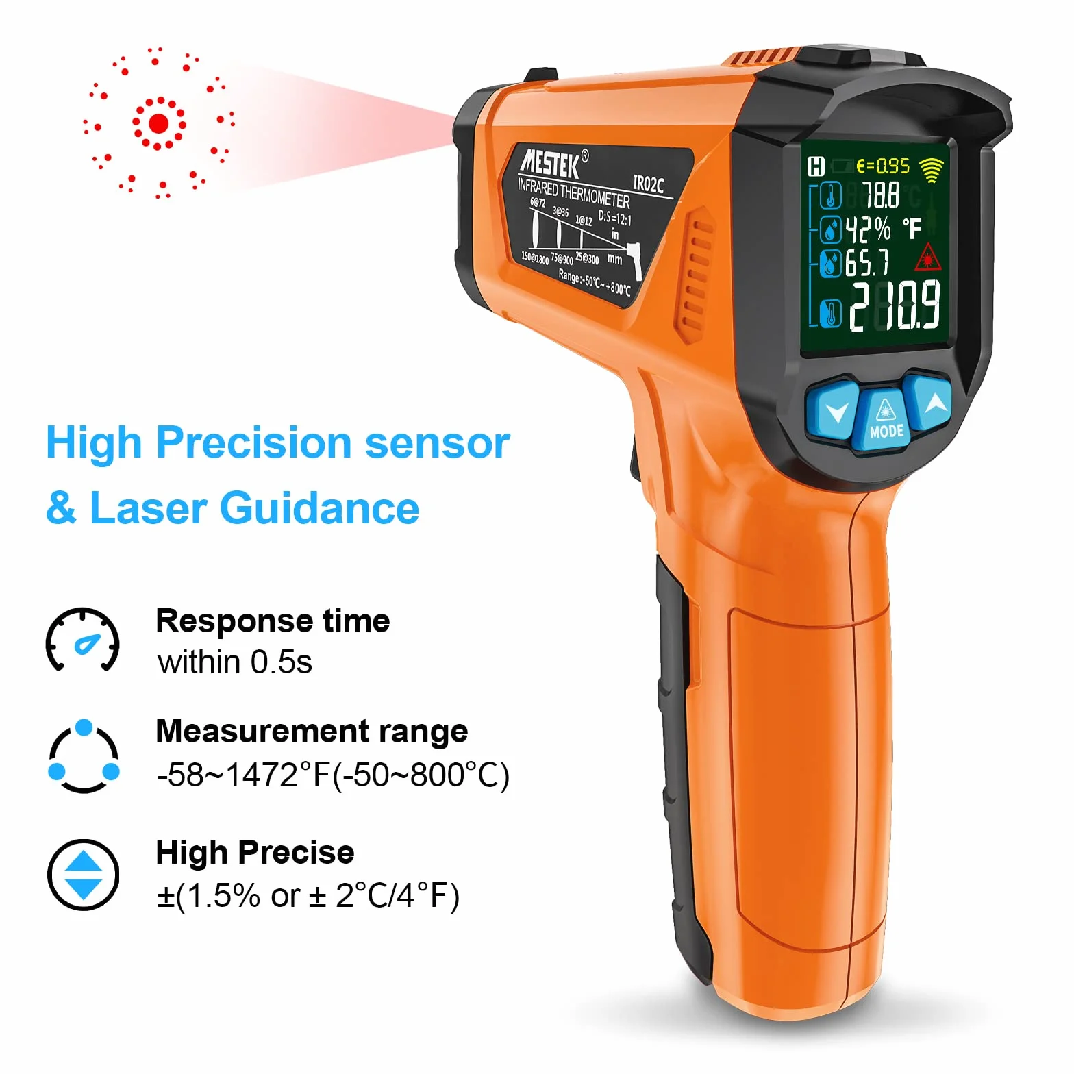 MESTEK Termometr na Podczerwień -50°C~800°C Kolorowy Alarm LCD Regulowana Emisyjność