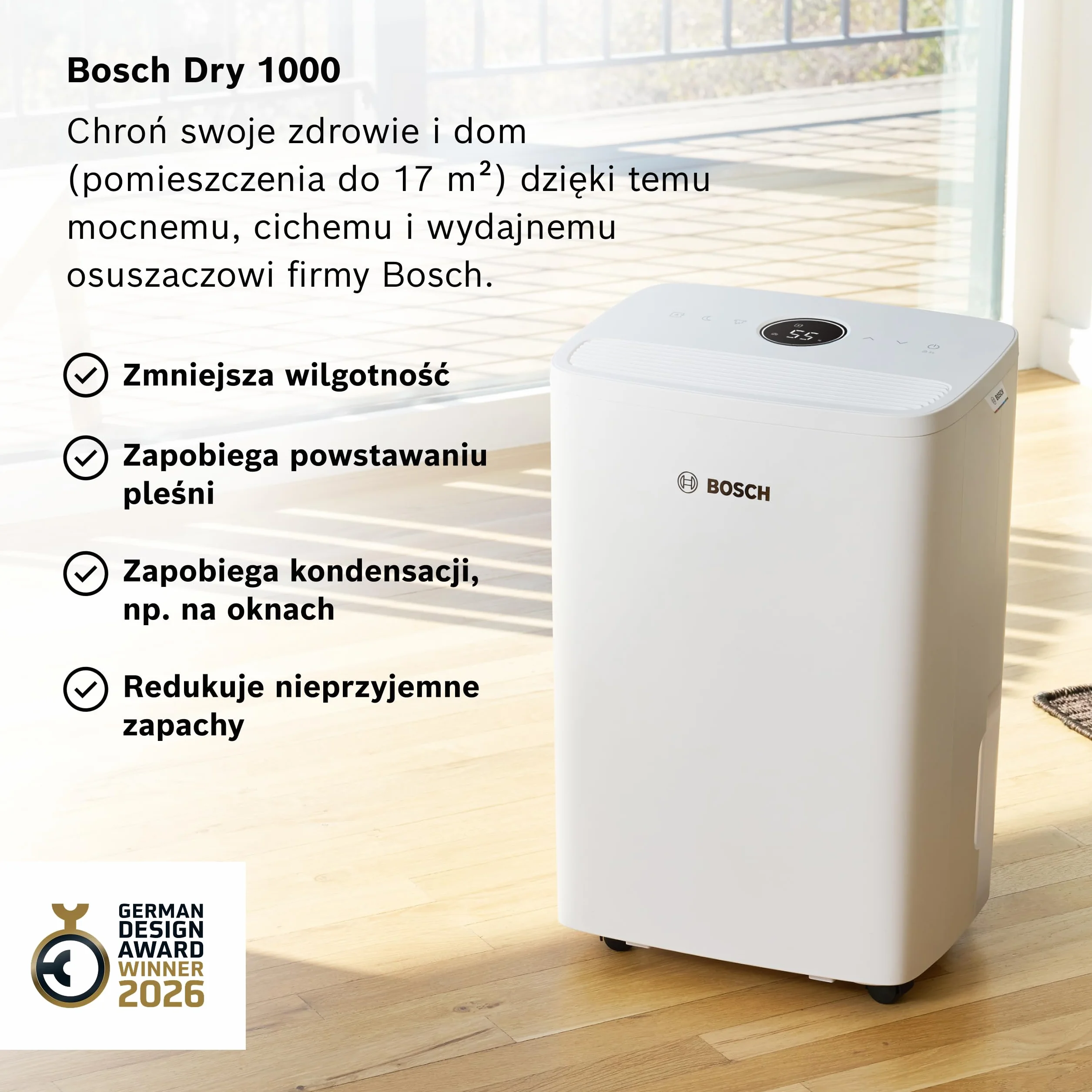 Bosch Dry 1000 - Osuszacz powietrza - łatwy. Wydajny. Cichy. Do domu i sypialni - Do Powierzchni do 17 m² - Szybkie suszenie prania