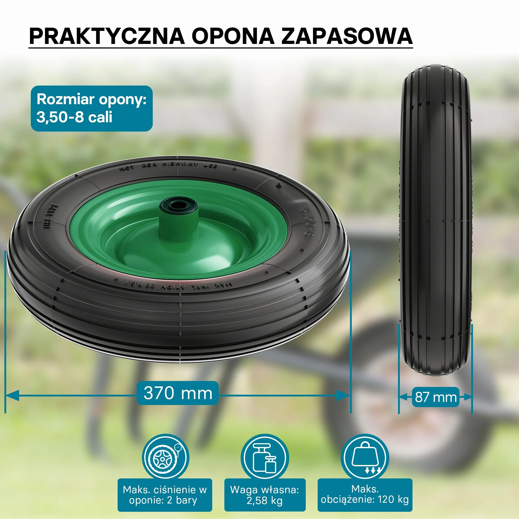 Wiltec opona zamienna do taczki 3.50-8 koło pneumatyczne kompletne ø 370-380 mm z dętką i felgą metalową