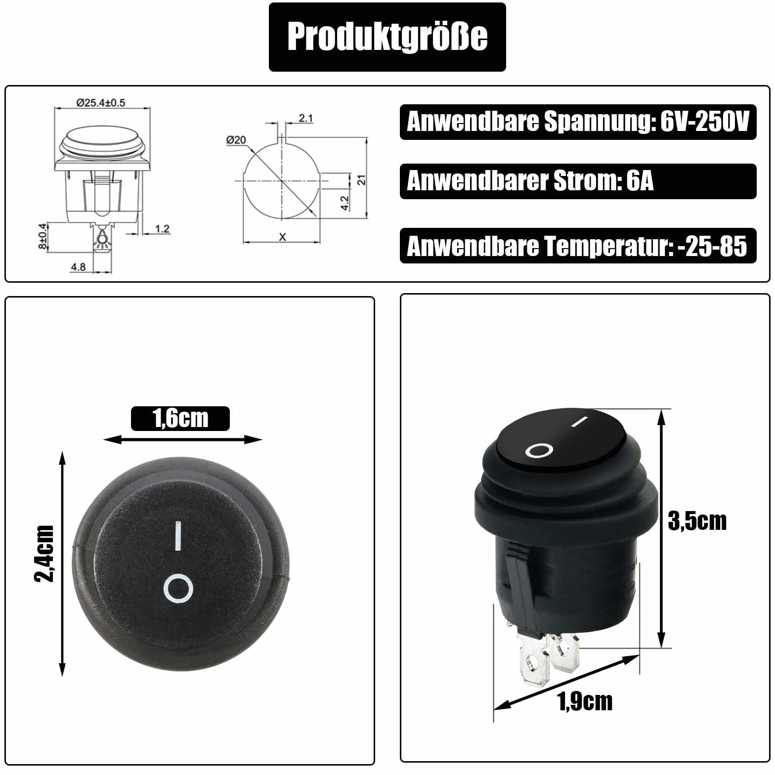 Powice Wodoszczelny przełącznik dźwigienkowy 12 V, okrągły, 2-biegunowy przełącznik 12 V, przełącznik 6 A, 12 V/4 V/110 V/230 V, odpowiedni do montażu w domach, samochodach i urządzeniach