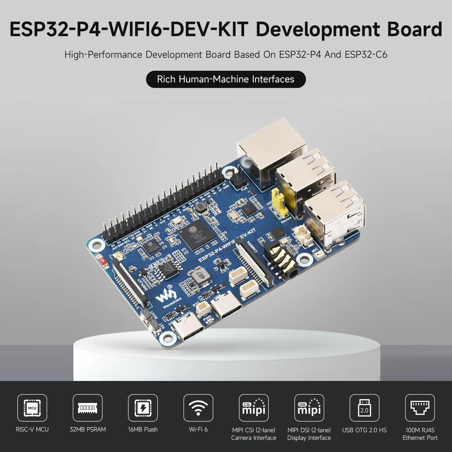 Waveshare ESP32-P4-WIFI6-DEV-KIT High-Performance Development Board, Based on ESP32-P4 & ESP32-C6, Supports Wi-Fi 6, BT 5 & BLE 5, Bundle with Board and Speaker