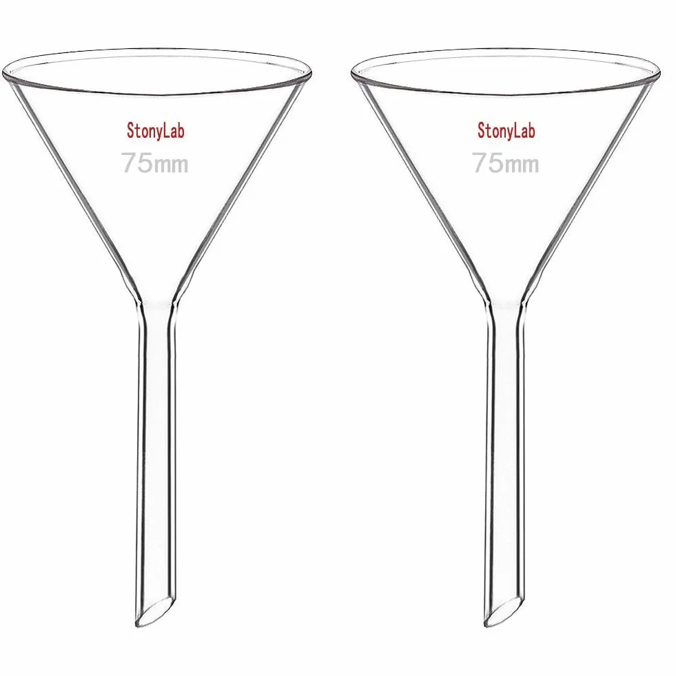 StonyLab 2-pak szklany ciężki lejek ścienny ze szkła borokrzemowego, średnica 75 mm, długość trzonka 75 mm