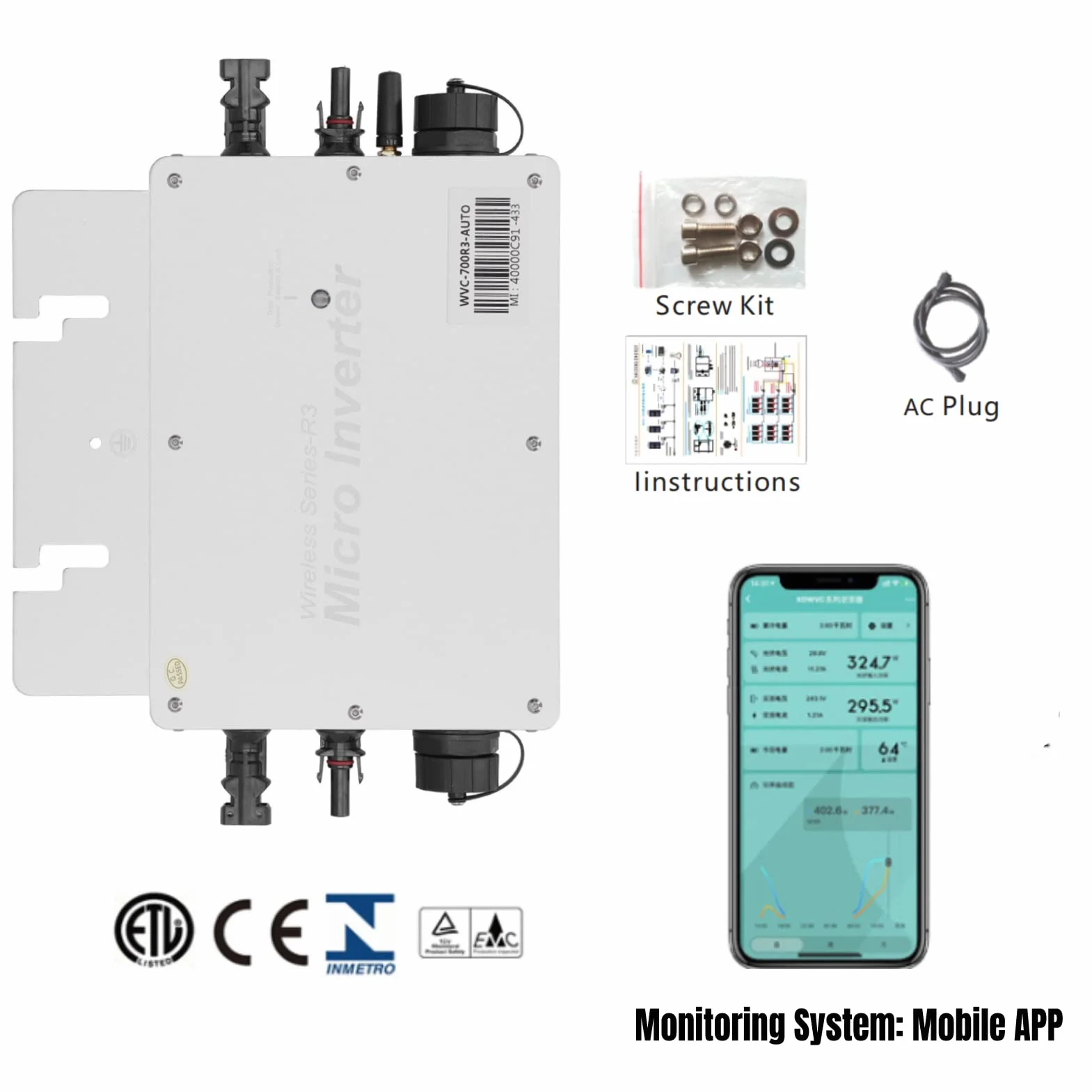 Inwerter Solarny 700 W Mikroinwerter Sieciowy Wi-Fi 120/230 V
