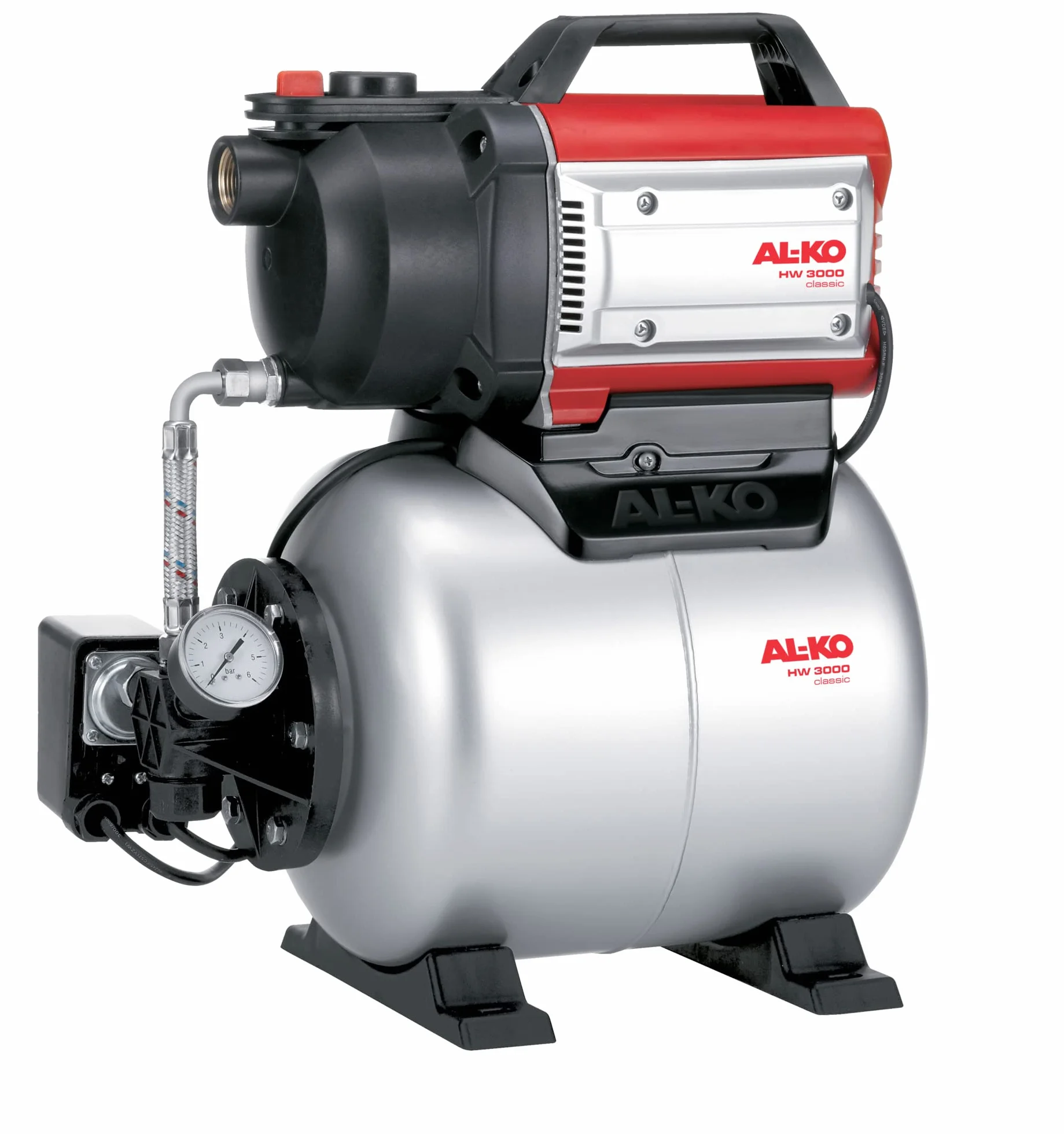 AL-KO Hydrofor HW 3000 Classic, moc silnika 650 W, maks. wydajność tłoczenia 3100 l/h, maks. wysokość tłoczenia 35 m, 1-stopniowy napęd pompy, czerwono-szaro-czarny