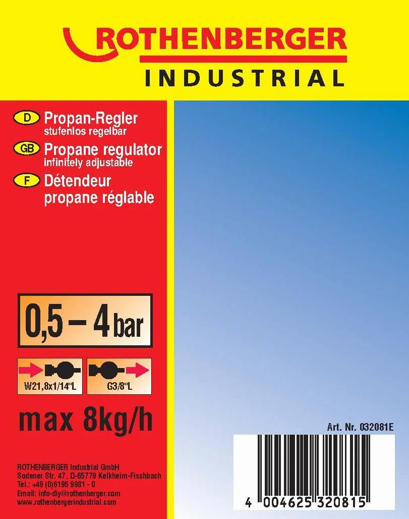 ROTHENBERGER Industrialny – regulator propanu – regulowana bezstopniowo; 0,5-4 barów; W21, 8x1/14" L/G 3/8" L, 032081E