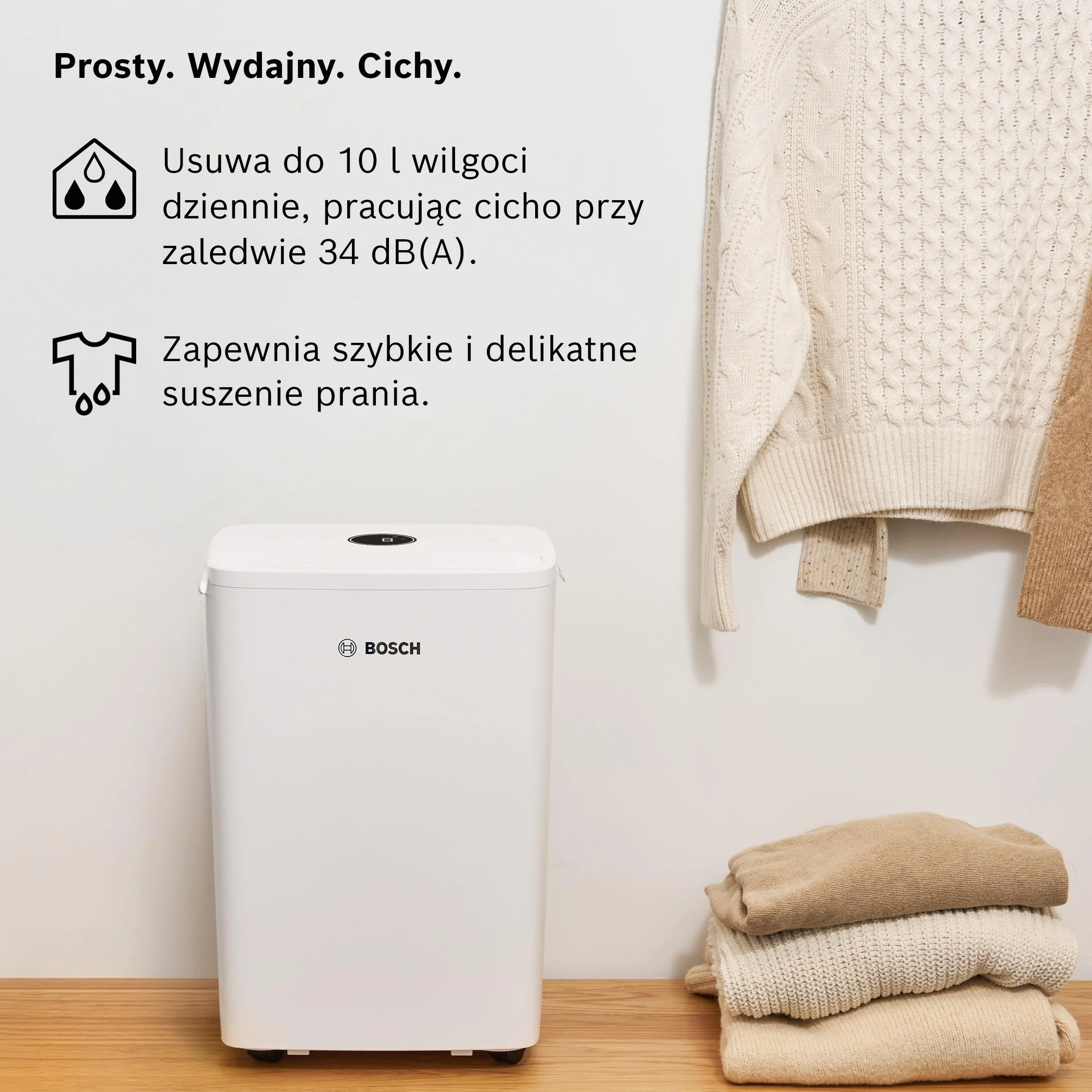Bosch Dry 1000 - Osuszacz powietrza - łatwy. Wydajny. Cichy. Do domu i sypialni - Do Powierzchni do 17 m² - Szybkie suszenie prania