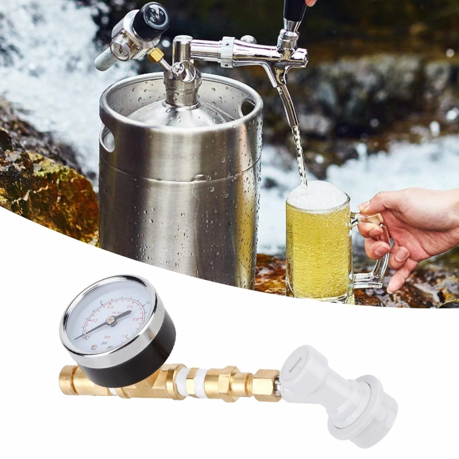 Regulowany zawór bezpieczeństwa z manometrem 0-15 psi (0-1 bar) do homebrew