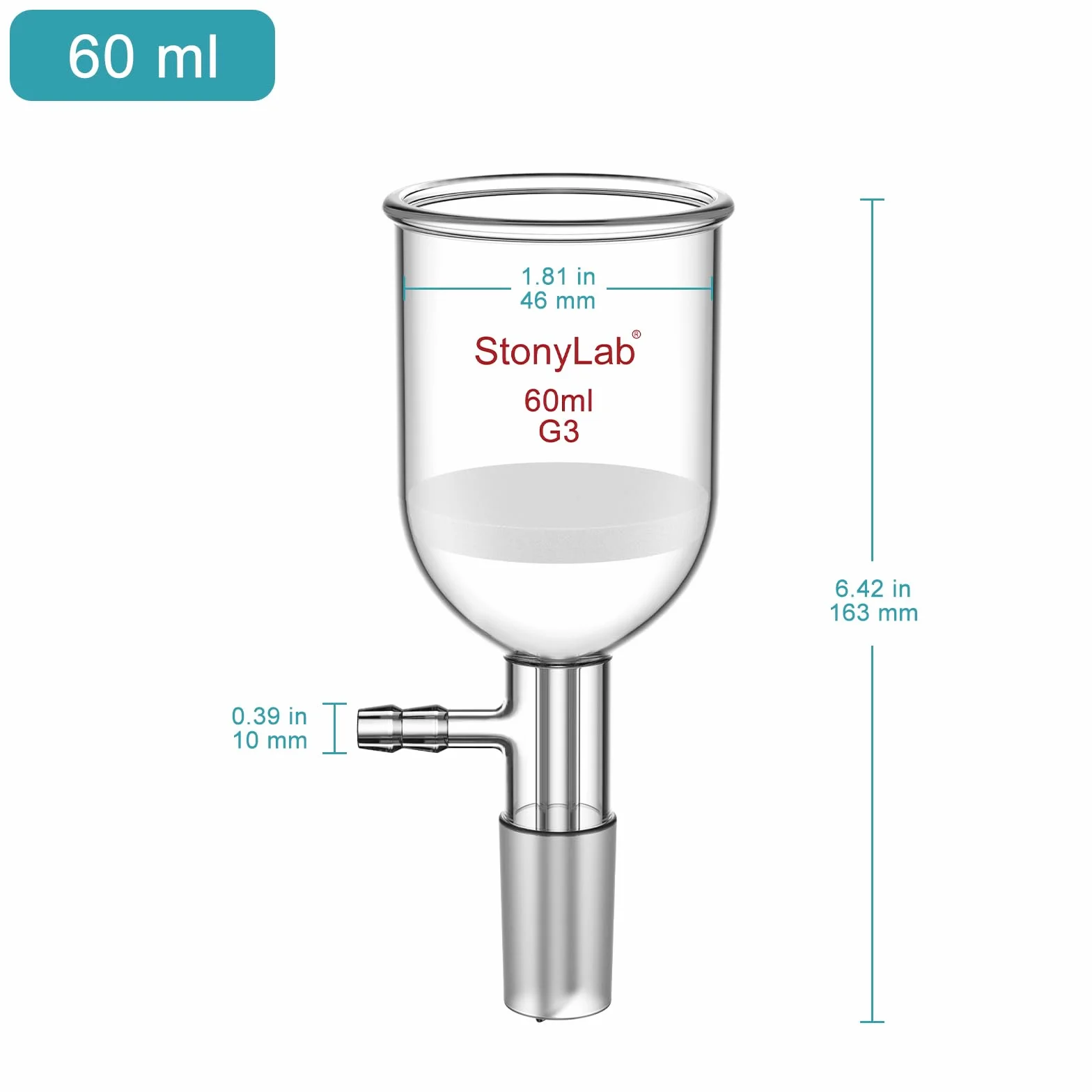 StonyLab Szklany lejek Buchner ze szkła borokrzemowego, próżniowy lejek filtrujący G3, średnica tarczy 46 mm, głębokość 60 mm, przegub 24/40, 60 ml
