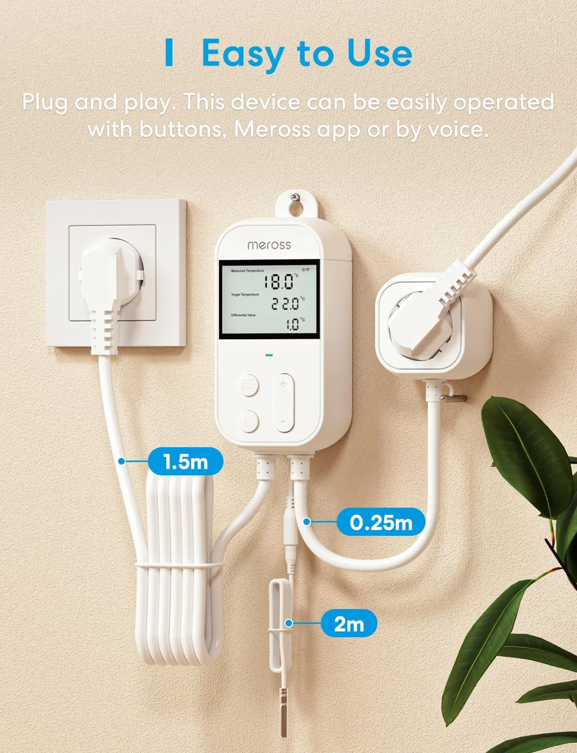 Meross Regulator temperatury, inteligentny termostat, gniazdko elektryczne do HomeKit Digital Wi-Fi, WiFi, termostat ogrzewania z czujnikiem do ogrzewania i chłodzenia 16 A, 2,4 GHz