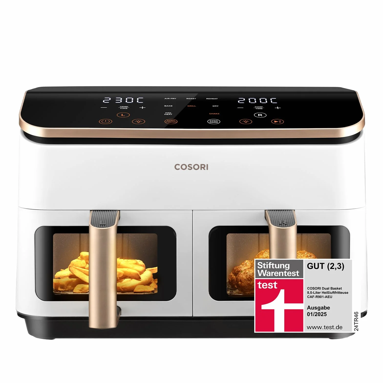 COSORI Frytkownica na gorące powietrze 8,5 l 2 komory Airfryer 6 w 1 z okienkiem kremowo-biała