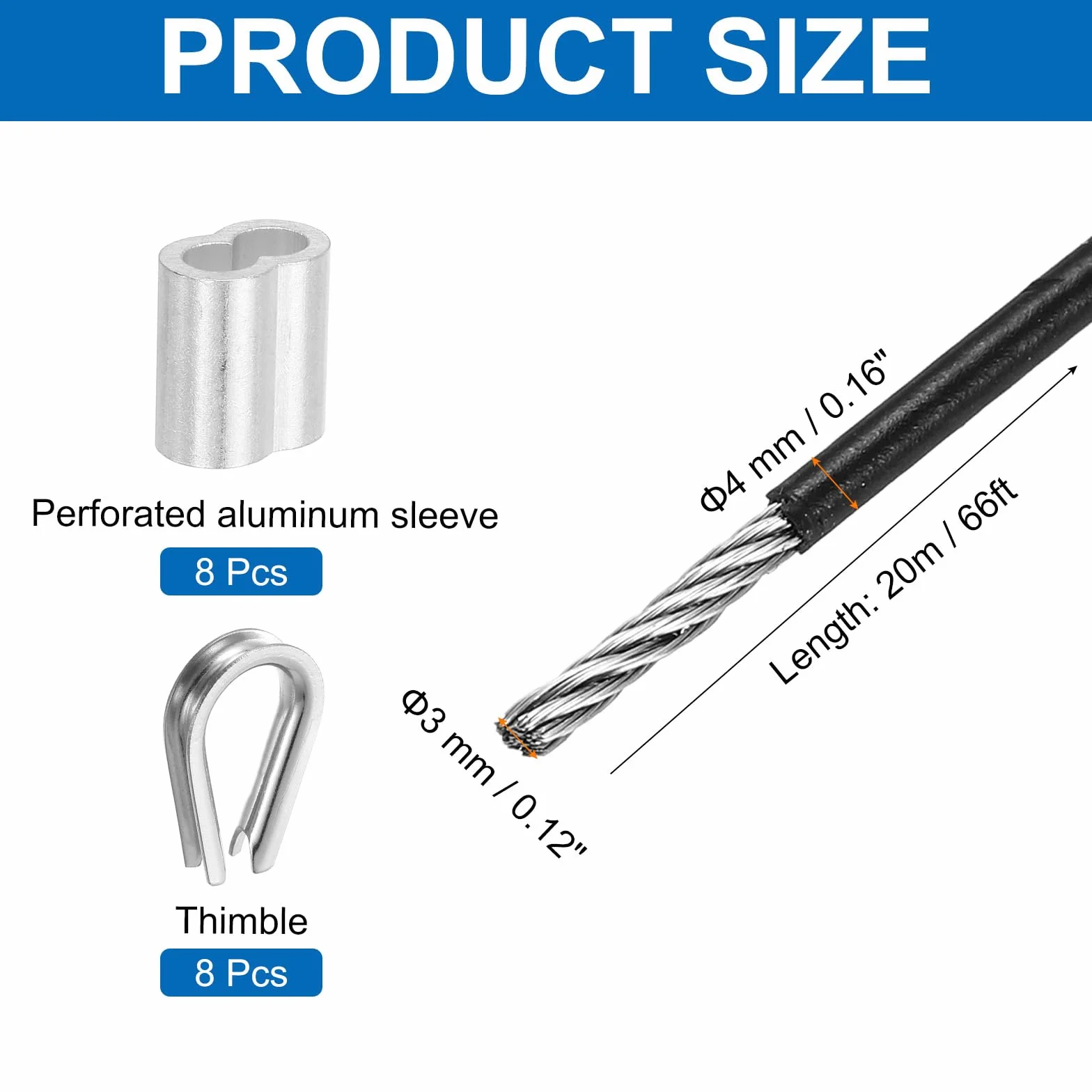 QUARKZMAN Lina stalowa 304, kabel ze stali nierdzewnej 4 mm, powlekany winylem, z 8 tulejami aluminiowymi i kauszą, do poręczy, tarasów, wiszących sznurków do prania, czarna, 20 m