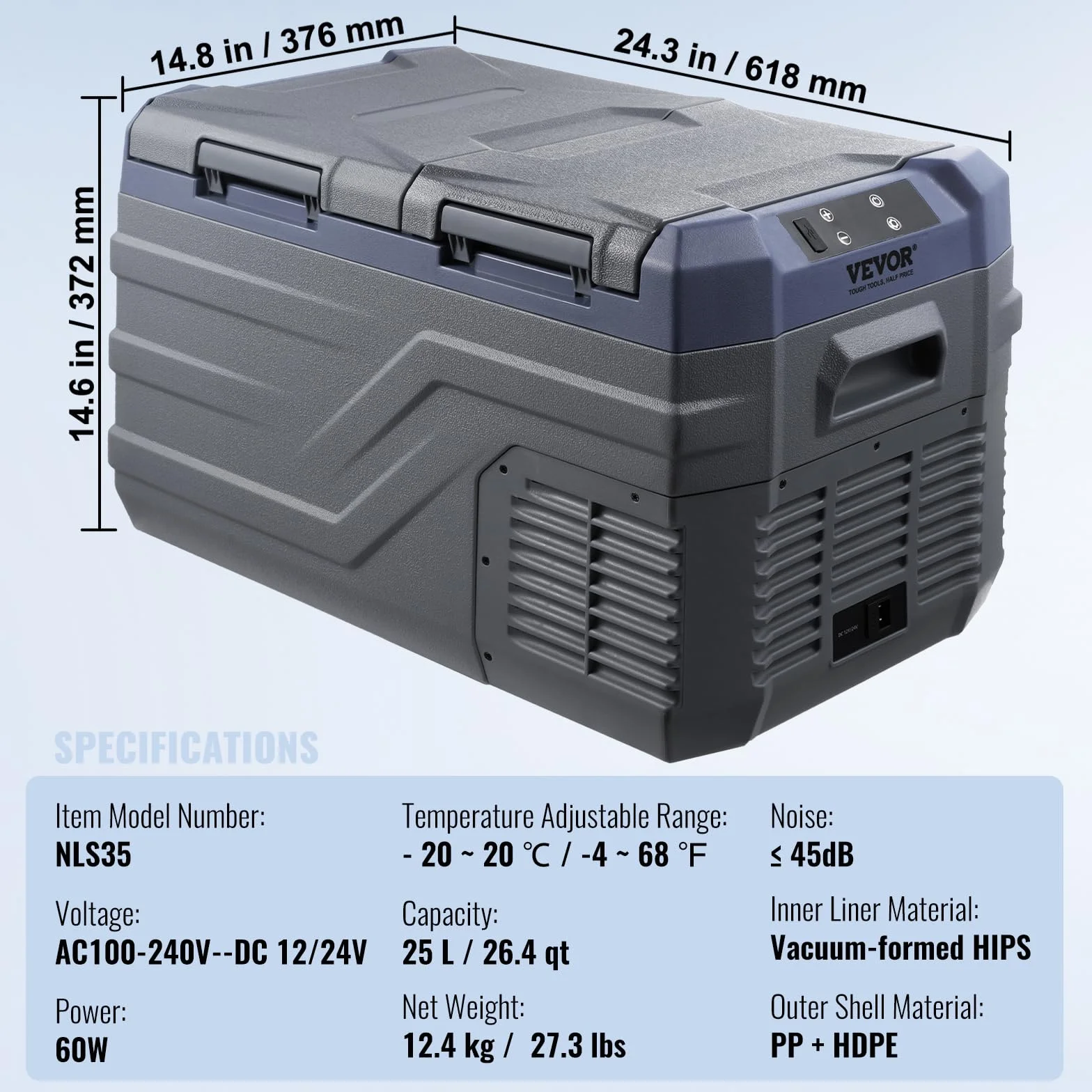 VEVOR NLS35, lodówka samochodowa 12 V, 25 l (26,4 qt), dwustrefowa przenośna zamrażarka, regulowany zakres 15.6 °C-20.0 °C, 12/24 V DC i 100-240 V AC kompresor chłodzący na zewnątrz, kemping, kampera