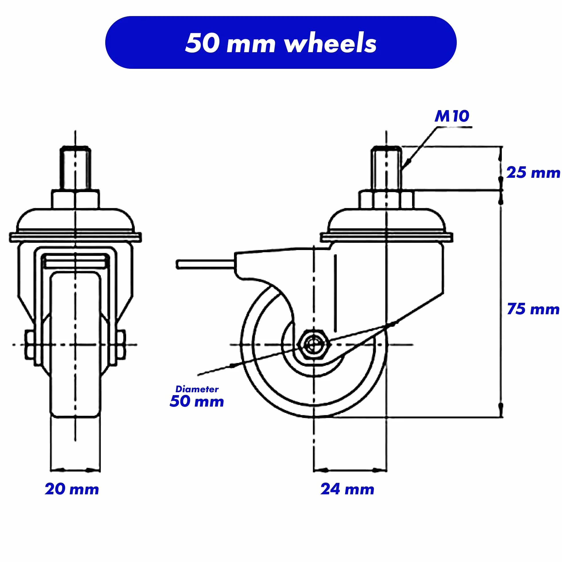 Kółka skrętne 50 mm M10 200 kg 4 sztuki gumowane srebrne z hamulcami