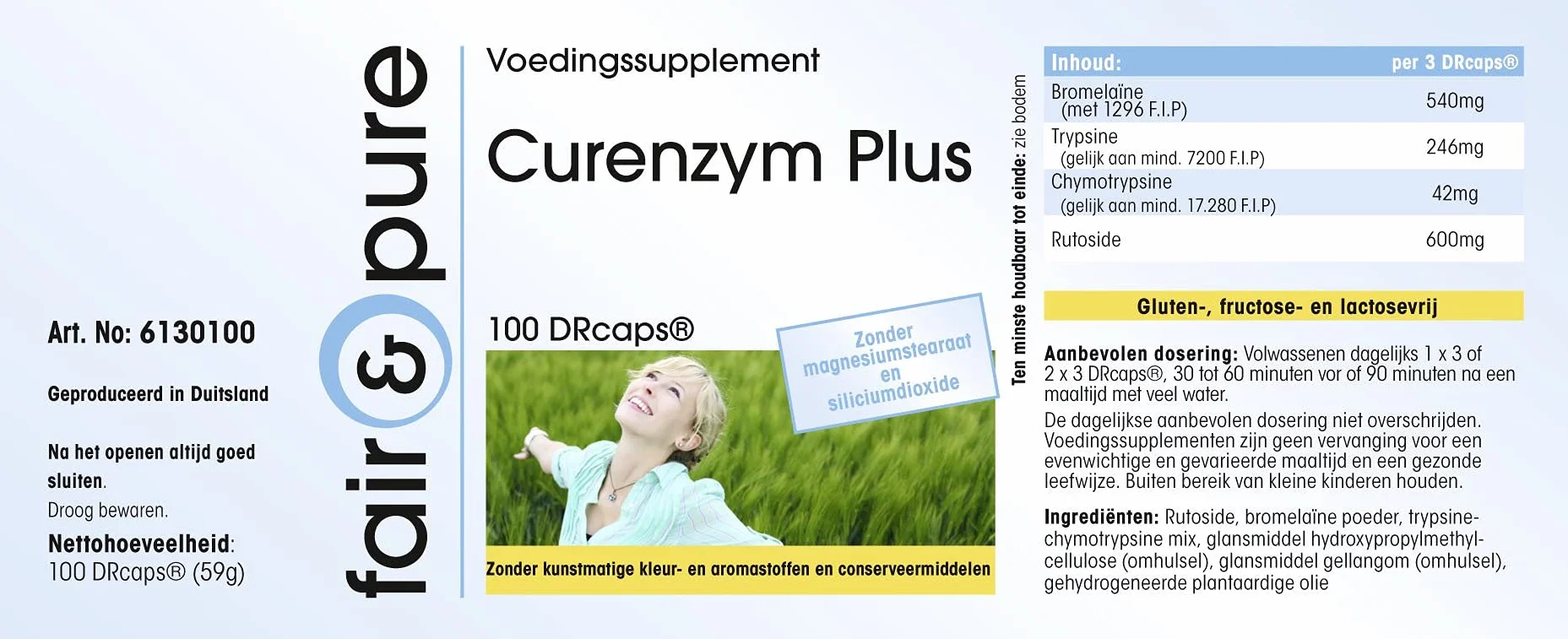 Curenzym Plus - kompleks enzymatyczny o opóźnionym uwalnianiu - bez stearynianu magnezu - 100 kapsułek DRCaps - zawiera bromelinę - trypsynę - chymotrypsynę i rutozyd (rutynę)