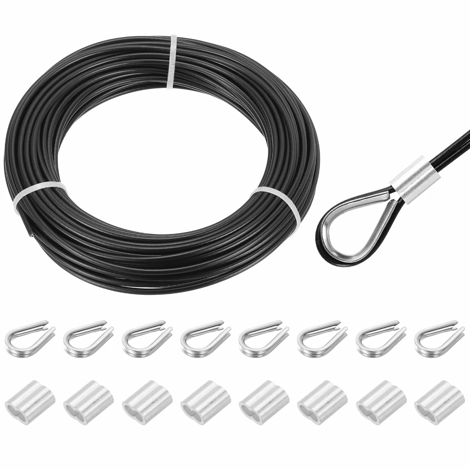 QUARKZMAN Lina stalowa 304, kabel ze stali nierdzewnej 4 mm, powlekany winylem, z 8 tulejami aluminiowymi i kauszą, do poręczy, tarasów, wiszących sznurków do prania, czarna, 20 m