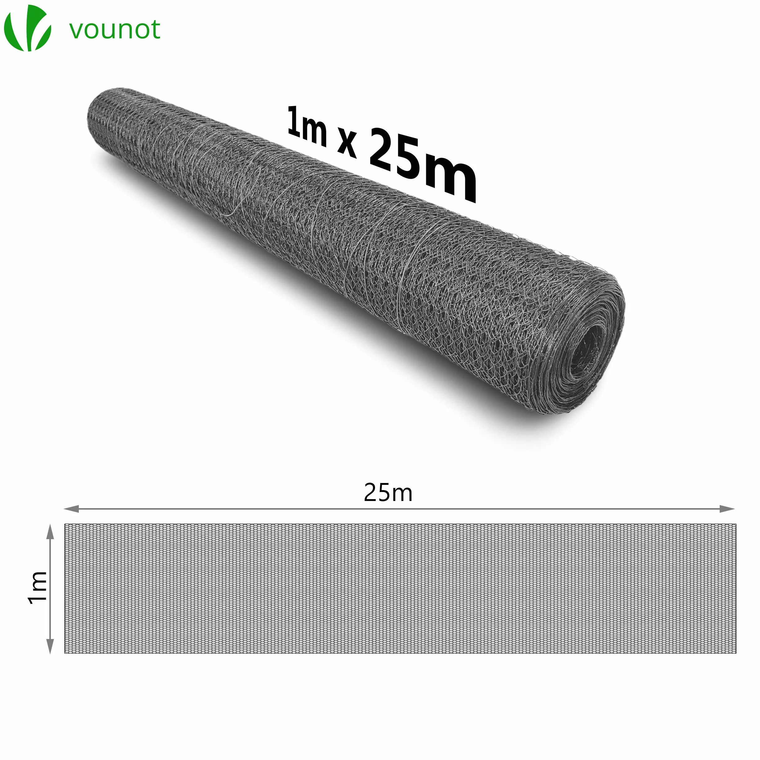 VOUNOT Siatka ogrodzeniowa z PVC 25 m, 25 mm, sześciokątna, odporna na warunki atmosferyczne