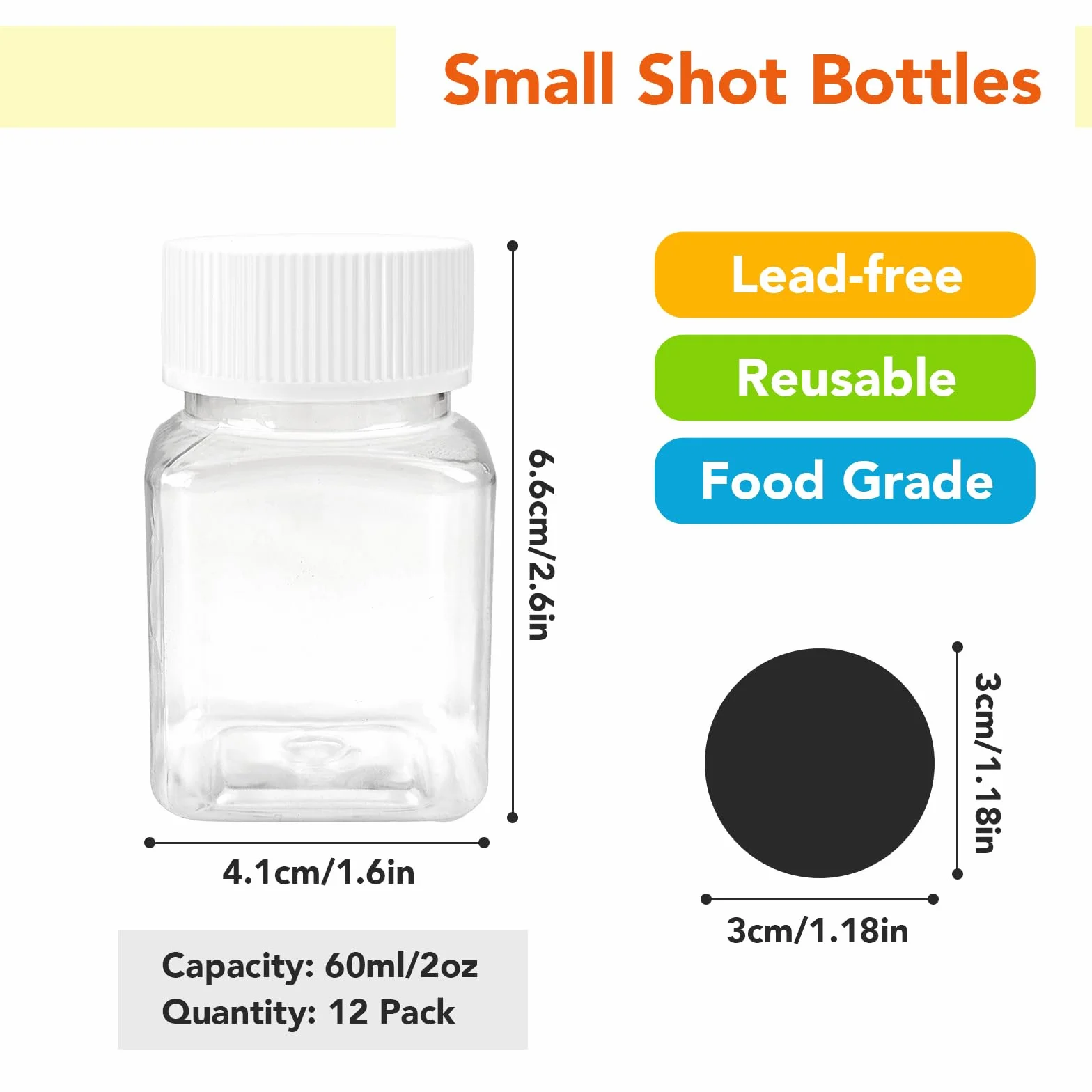 12 szt. małych butelek do shot do napełniania, 60 ml/100 ml, puste plastikowe butelki do smoothie, do napełniania, z naklejką, butelki na imbir, shot, z pokrywką, do soku, mleka (60 ml)