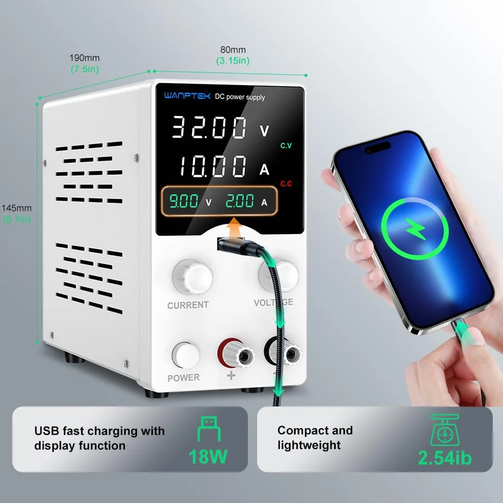 Zasilacz laboratoryjny 30 V, 10 A, zasilacz laboratoryjny z 4-cyfrowym wyświetlaczem LED, regulowany zasilacz impulsowy, przycisk nadajnika DC, zasilacz z szybkim ładowaniem USB