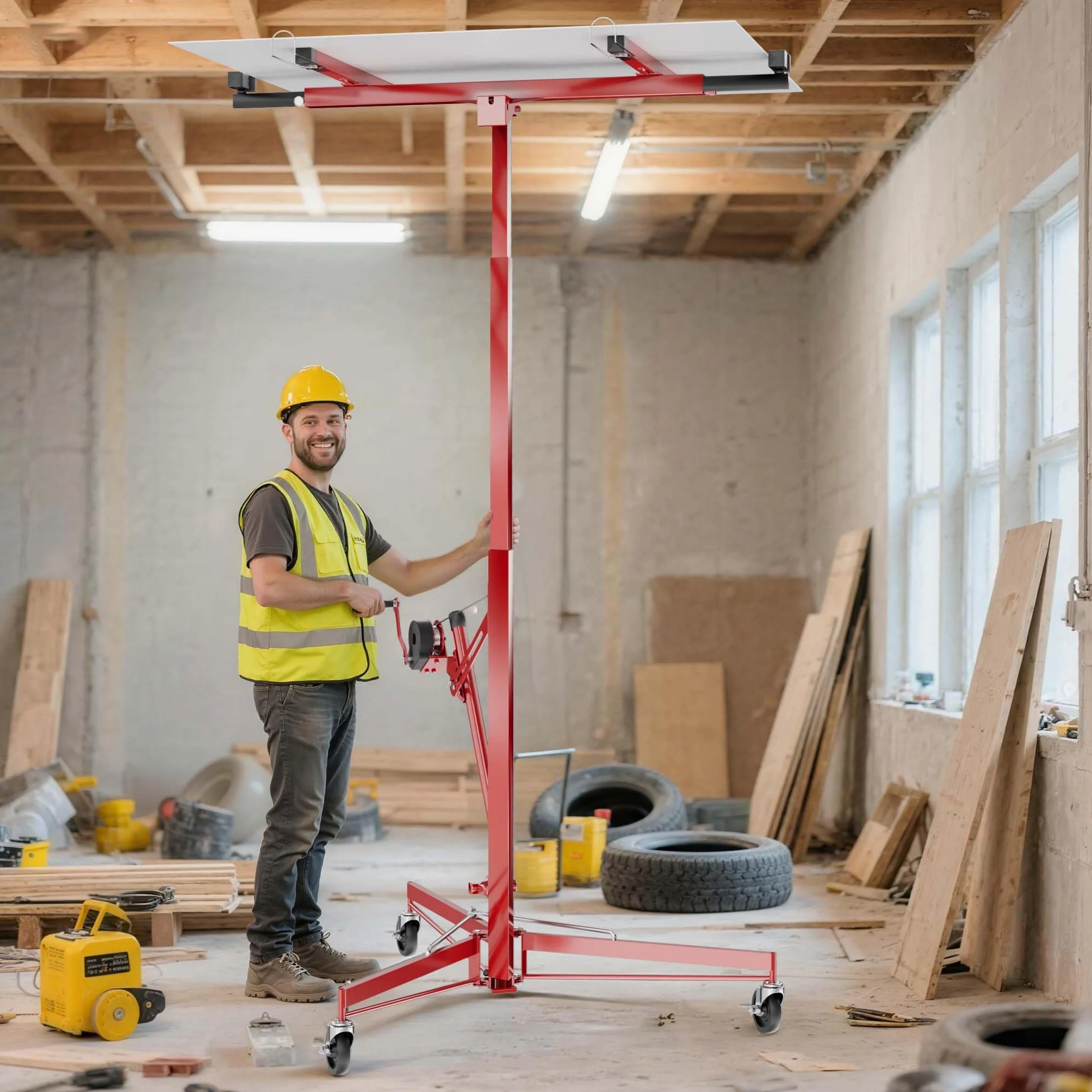 Wiltec XXL Podnośnik do płyt gipsowych i OSB do 68 kg, regulowana wysokość 140-350 cm, stabilna konstrukcja z blokadami i hamulcami do łatwego montażu