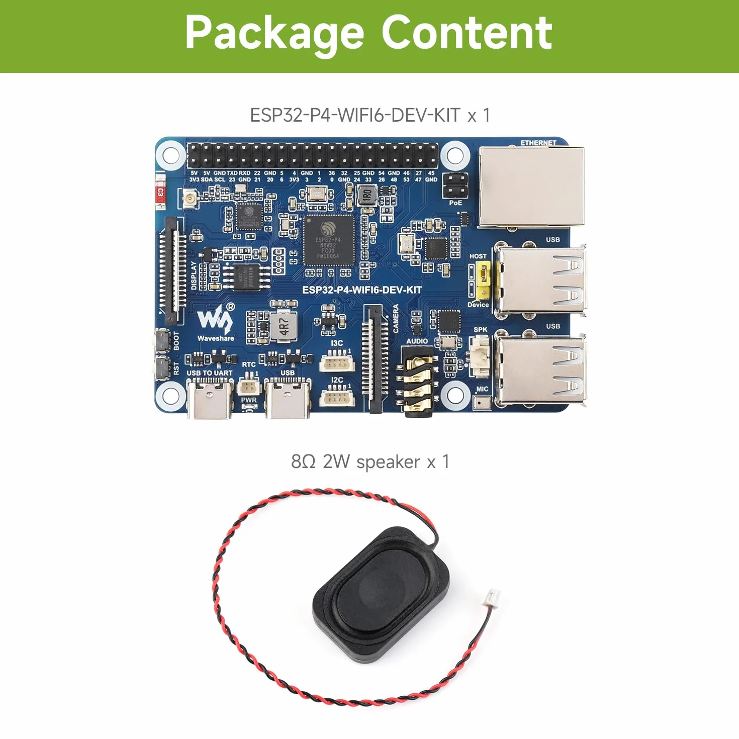 Waveshare ESP32-P4-WIFI6-DEV-KIT High-Performance Development Board, Based on ESP32-P4 & ESP32-C6, Supports Wi-Fi 6, BT 5 & BLE 5, Bundle with Board and Speaker