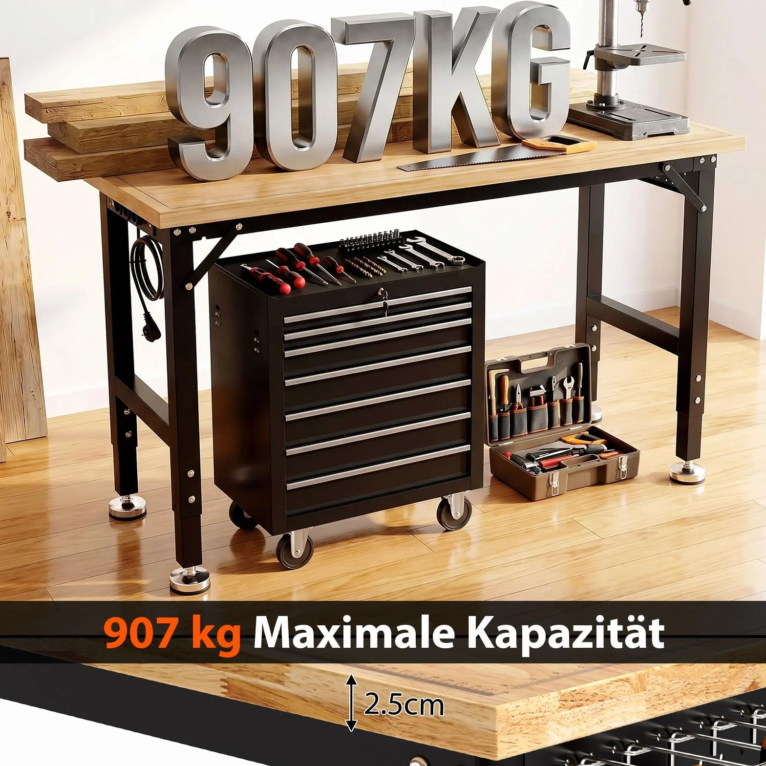 TLGREEN Stół Warsztatowy z Drewna Kauczukowego 122cm 5-Stopniowa Regulacja Wysokości Gniazda Tablica Perforowana Udźwig 907kg