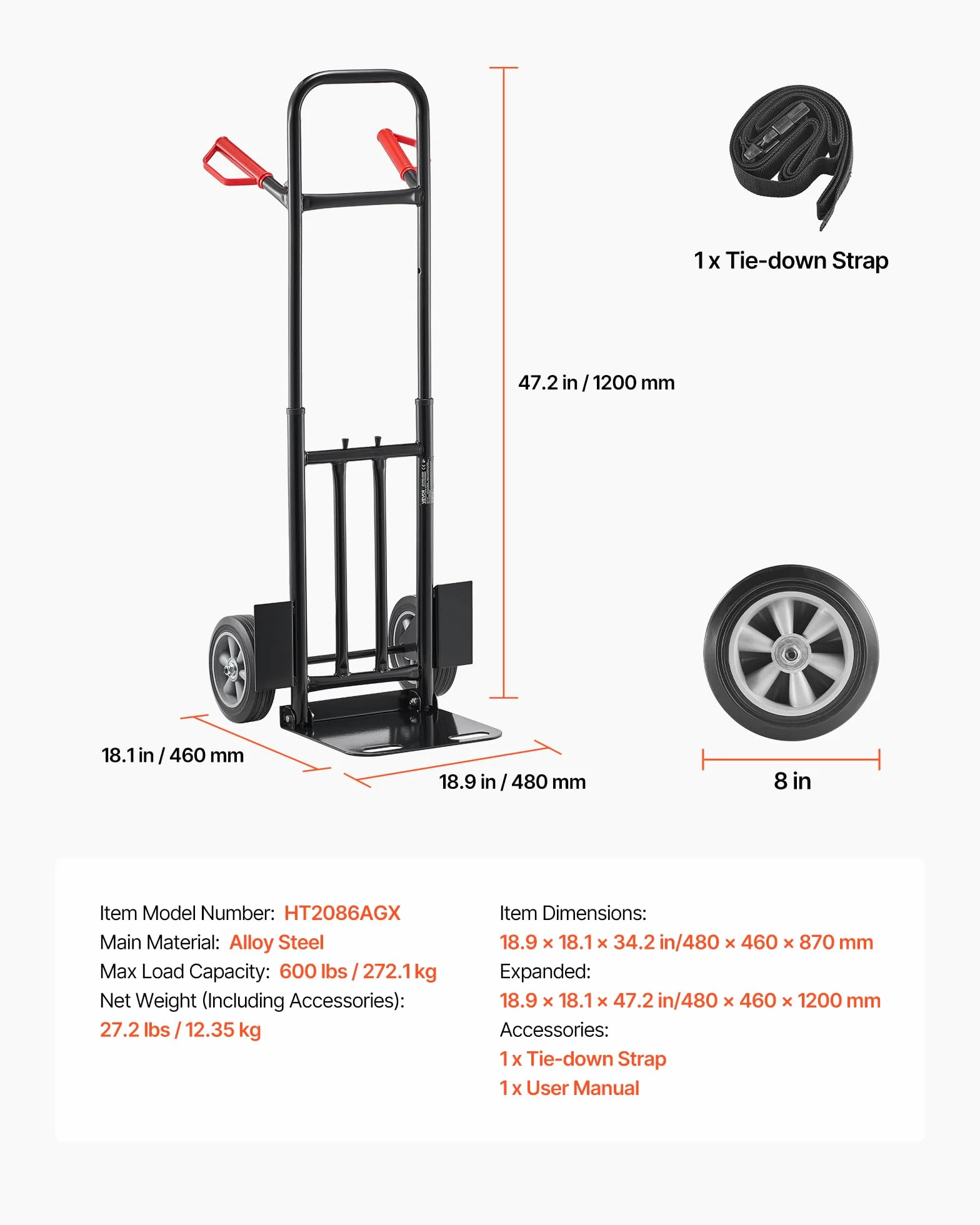 VEVOR Wózek transportowy, udźwig 600 kg, ciężki wózek transportowy z kółkami i uchwytem teleskopowym, przenośny wózek z paskiem mocującym do przeprowadzki, biura, magazynu, supermarketu
