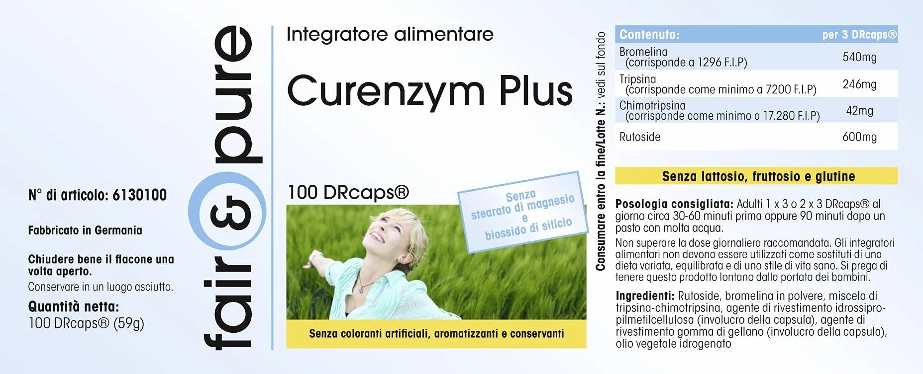 Curenzym Plus - kompleks enzymatyczny o opóźnionym uwalnianiu - bez stearynianu magnezu - 100 kapsułek DRCaps - zawiera bromelinę - trypsynę - chymotrypsynę i rutozyd (rutynę)