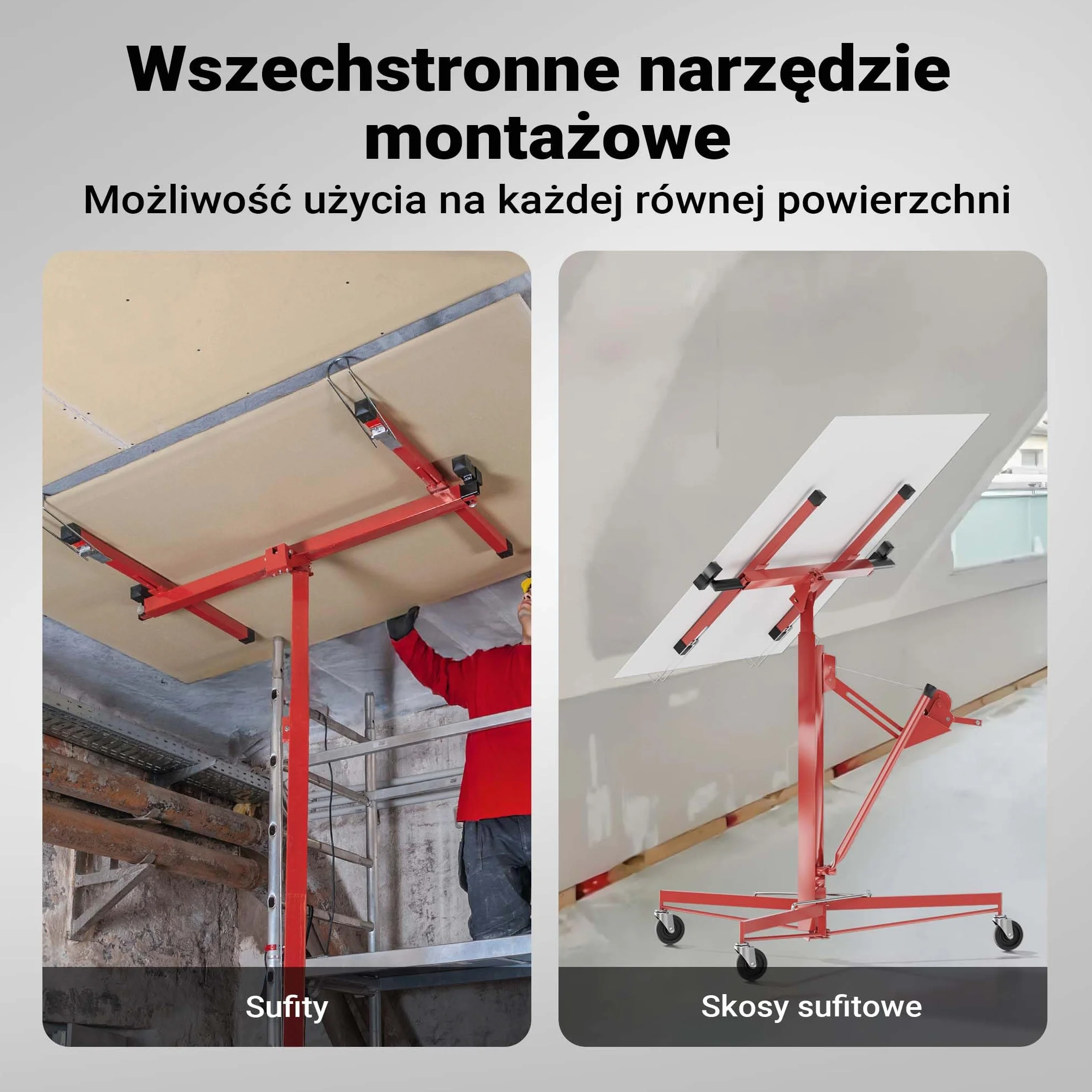 Wiltec XXL Podnośnik do płyt gipsowych i OSB do 68 kg, regulowana wysokość 140-350 cm, stabilna konstrukcja z blokadami i hamulcami do łatwego montażu