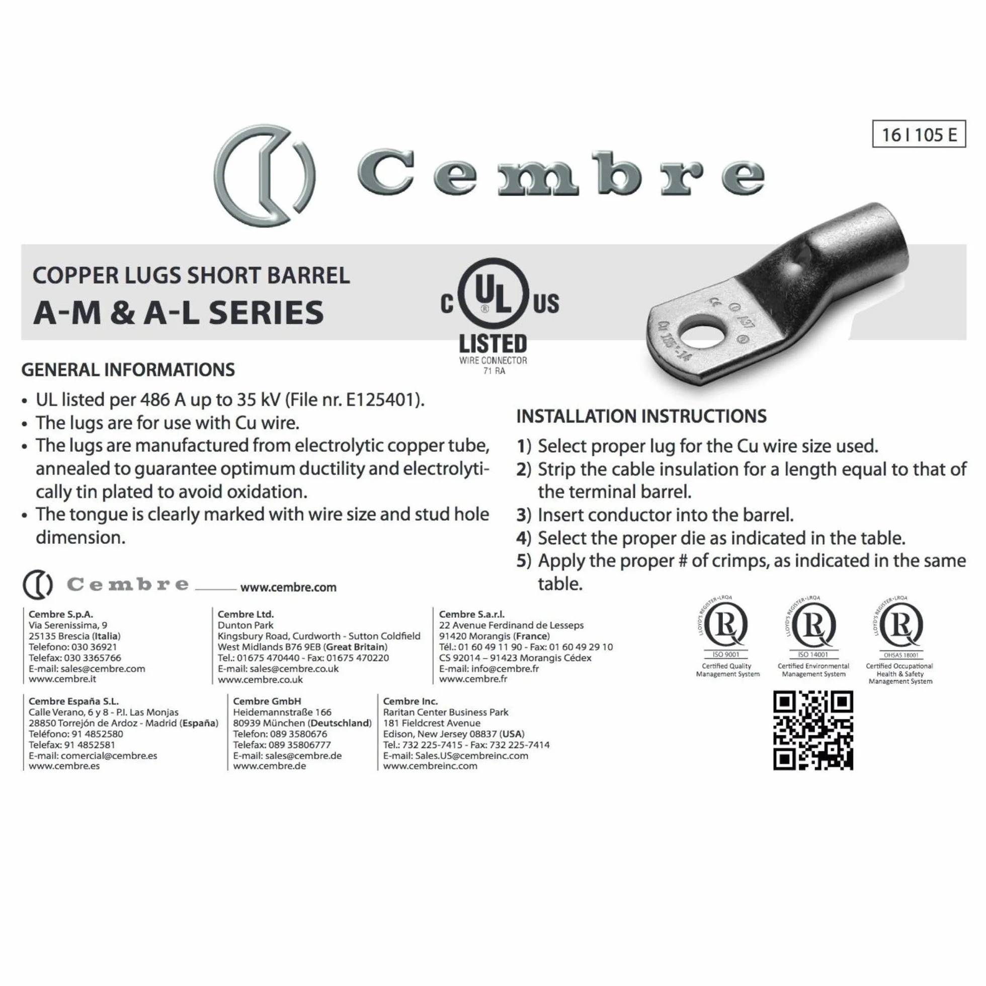 Cembre A7-M6 końcówka kablowa 35 mm² M6 nieizolowana miedź ocynkowana 10 sztuk