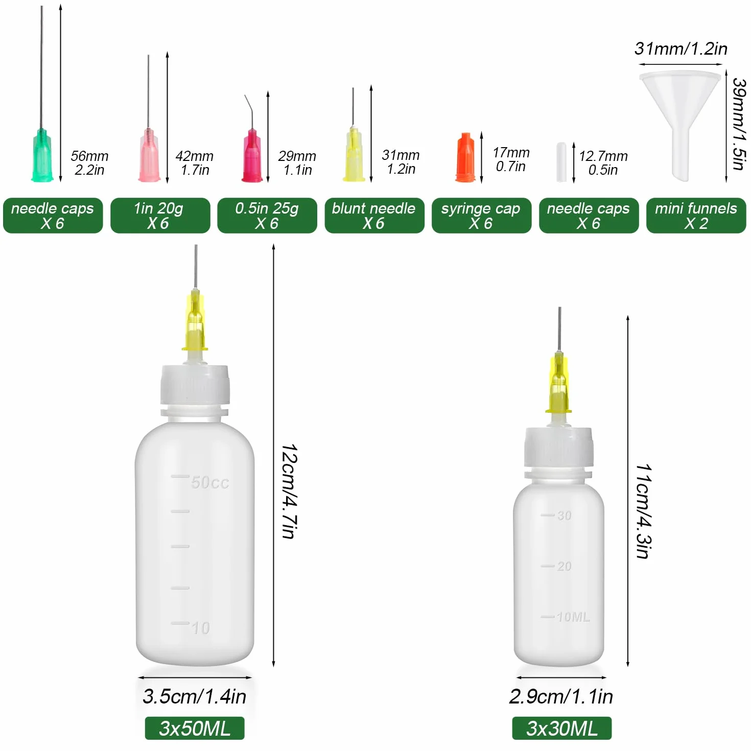 Rybtd 6 sztuk butelek igłowych 30/50 ml, precyzyjne końcówki aplikatora, dozujące igły i nasadki, butelka z klejem do samodzielnego wykonania.