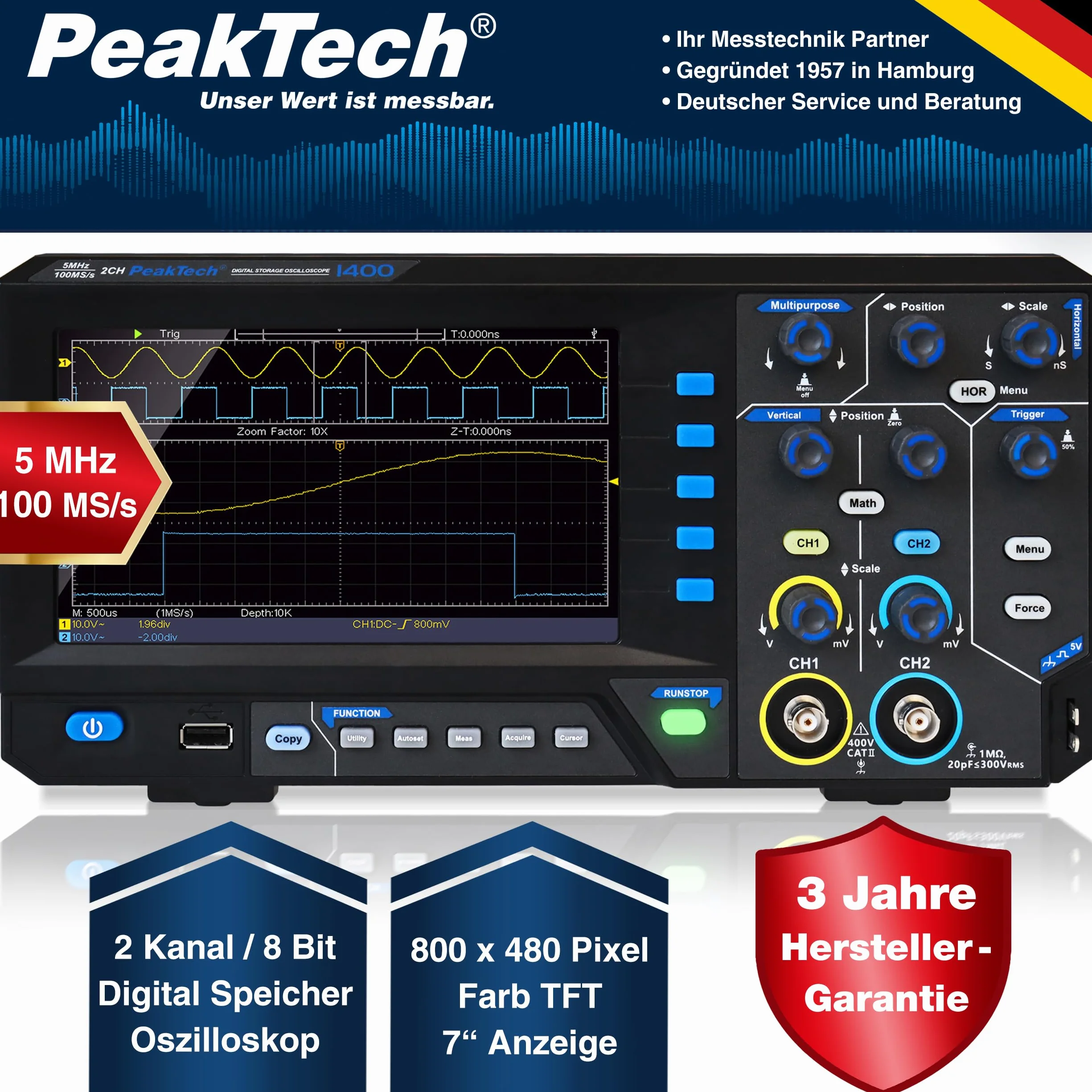 PeakTech 1400 Kompaktowy oscyloskop cyfrowy 2-kanałowy 5 MHz 100 MS/s USB