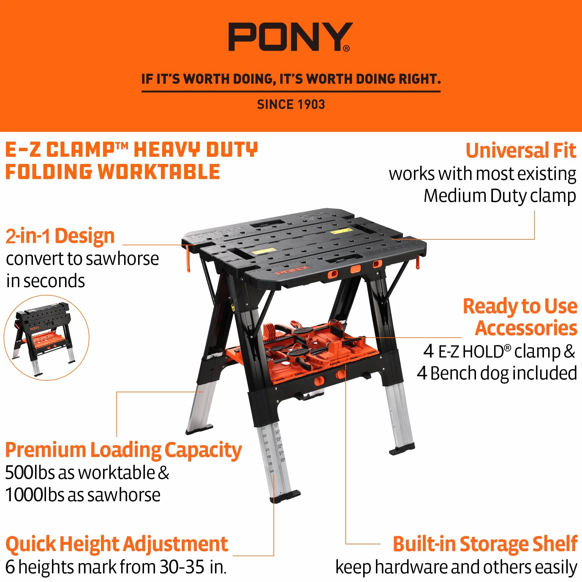 PONY Stół roboczy 2 w 1 z zaciskami spustowymi