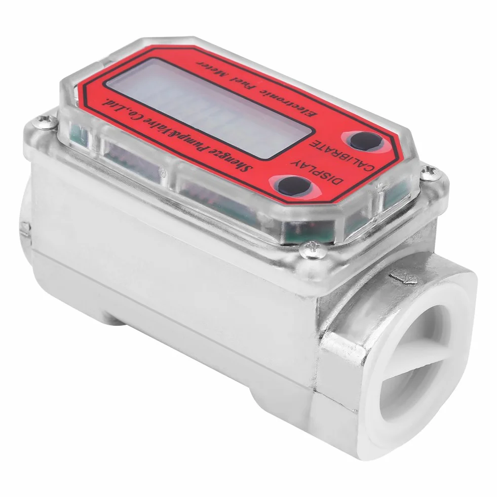 Mini Cyfrowy Przepływomierz Turbinowy Wyświetlacz LCD Miernik Przepływu Pompy do Pomiaru Benzyny Nafty Wysokoprężnej 15-120L 1 "NPT(Czerwony)