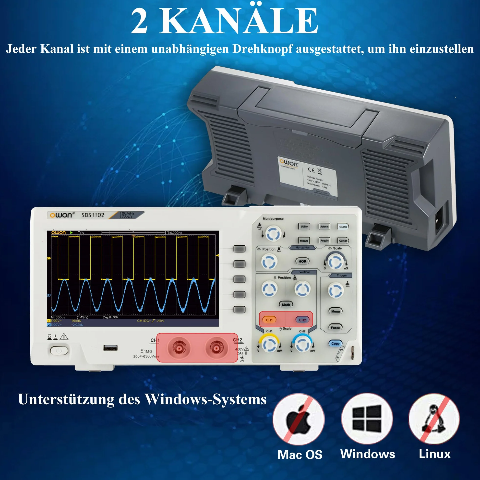 SDS1102 OWON oscyloskop pulpit lekki przenośny oscyloskop 100 MHz szerokość pasma dwukanałowy 7" kolorowy ekran z częstotliwością próbkowania 1 GSa/s