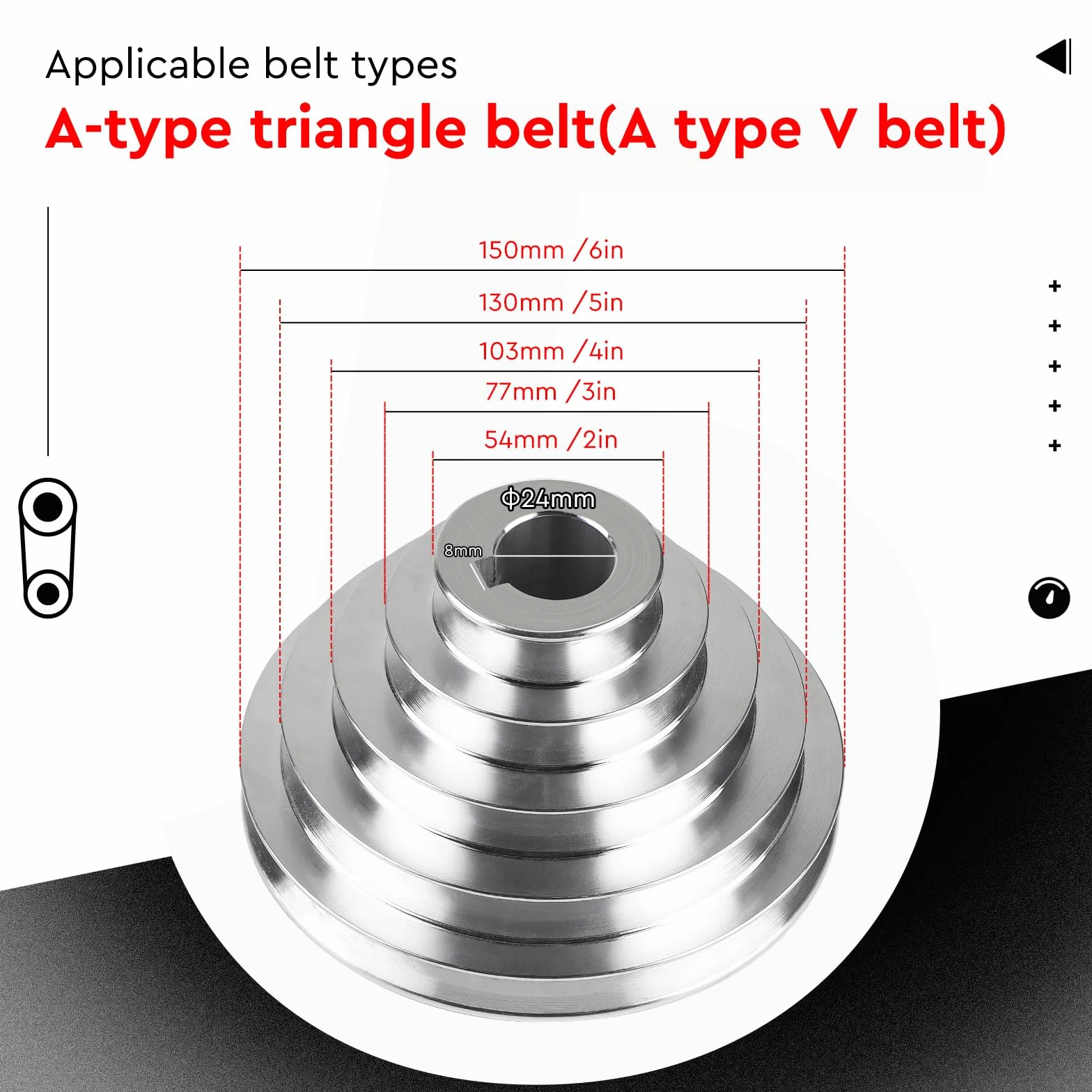 SWAWIS Koło pasowe pagodowe 5 wąwozów, średnica otworu 24 mm, średnica zewnętrzna 54 mm-150 mm, koło pasowe ze stopu aluminium do paska w kształcie litery A typu V, szerokość taśmy 12.7mm