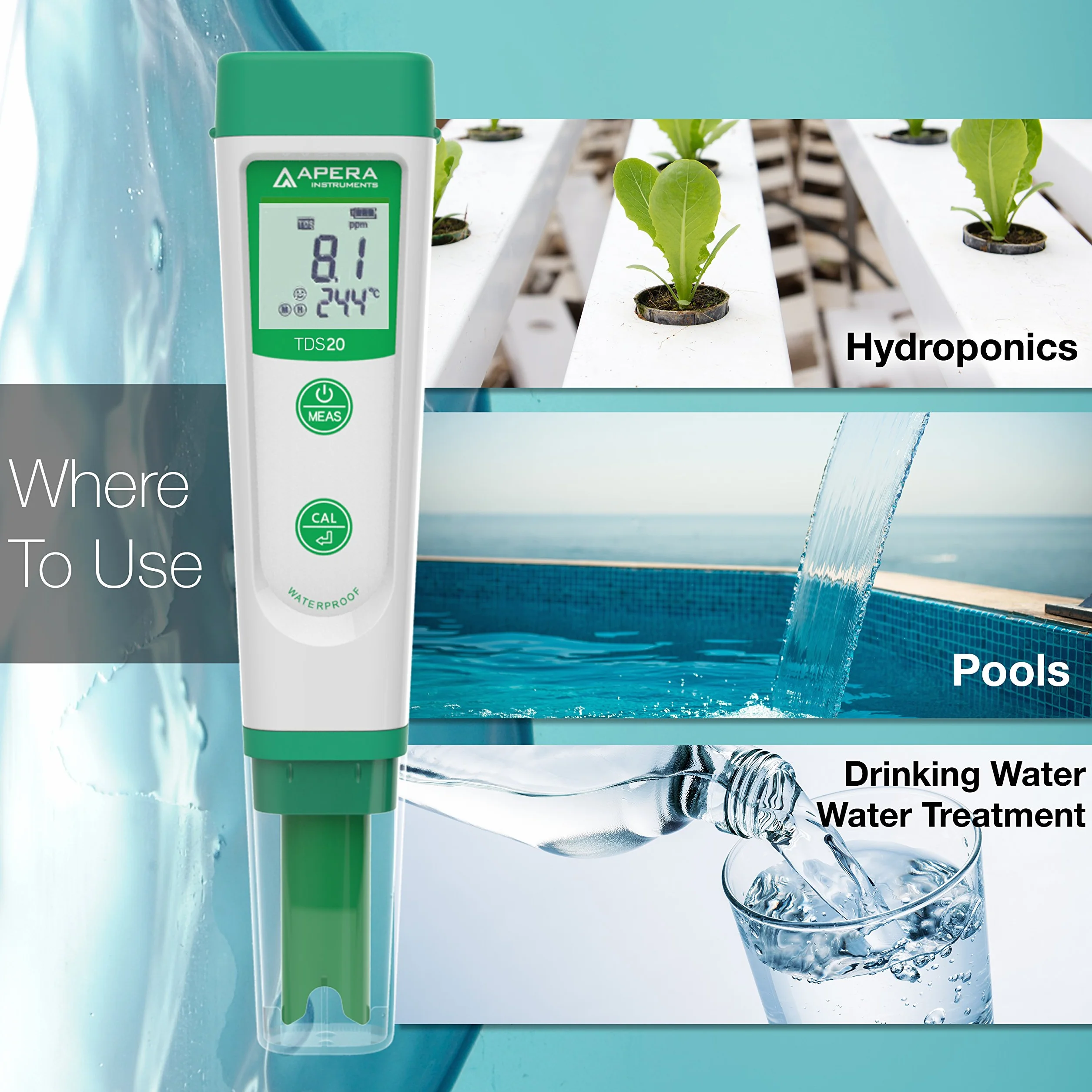 Apera Instruments TDS20 TDS-Meter, cyfrowy miernik ze wskaźnikiem temperatury (dokładność 1%, ±0,5°C, wodoodporny, ATC, walizka do noszenia)