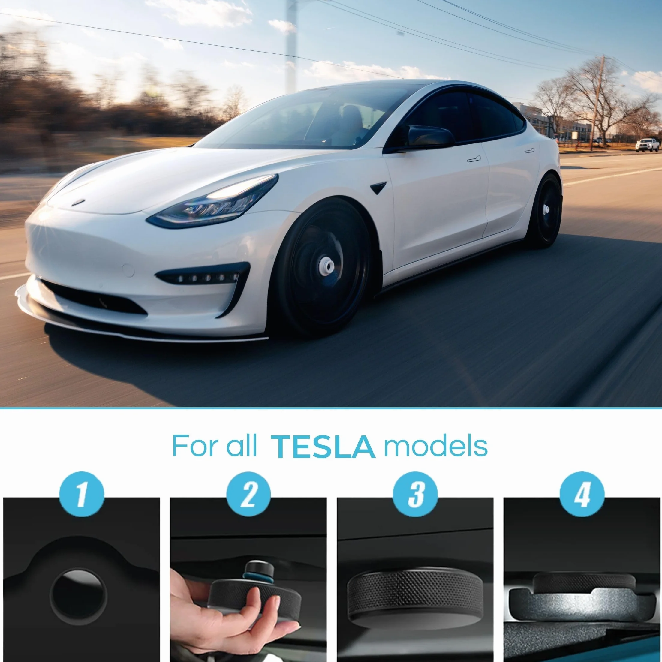 PLANGER® Tesla klocki do podnośnika płaskiego, 4 x ENRGY PAD (model 3, model S, model Y, model X), 10 lat , nietłukące 3T